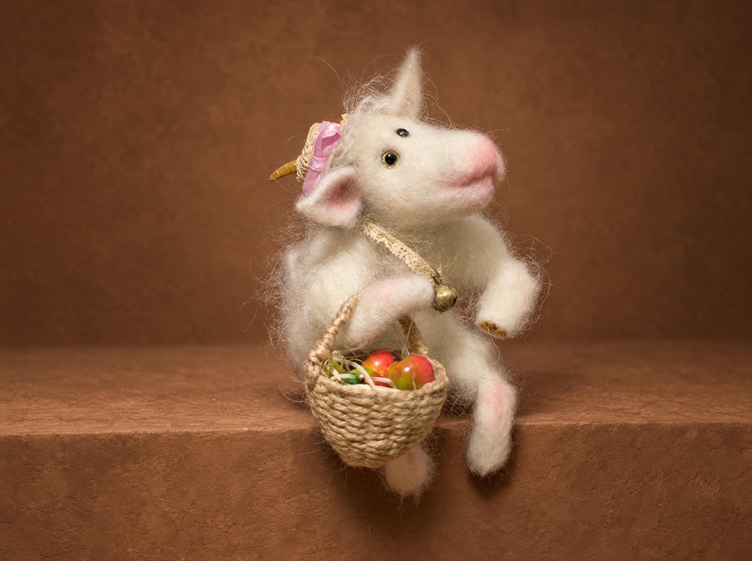 Needle Felted Goat With Golden Horns and a Straw Hat Handmade needle felted goat with golden horns through a tiny straw hat with a pink bow, a custom gift for her