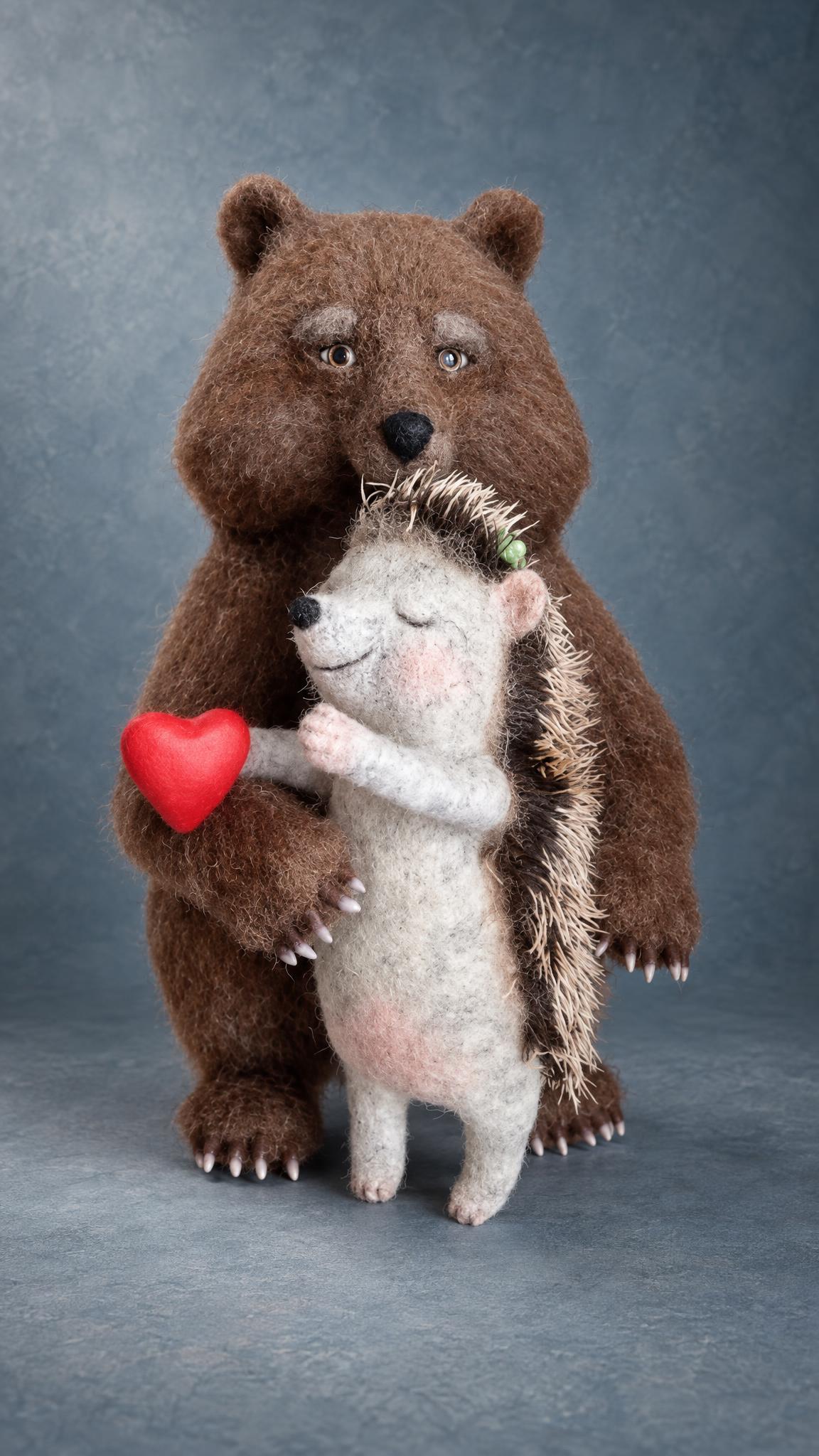 Handmade felted hedgehog holding a red heart for the bear's chest pocket, a custom love gift for a girlfriend