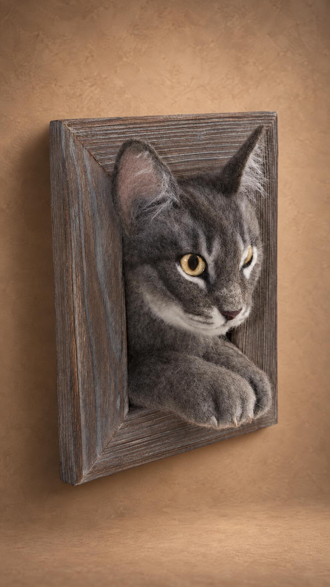 Wool 3D pet portrait of a cat in a rustic frame, amber eyes and felted paws, a custom memorial keepsake