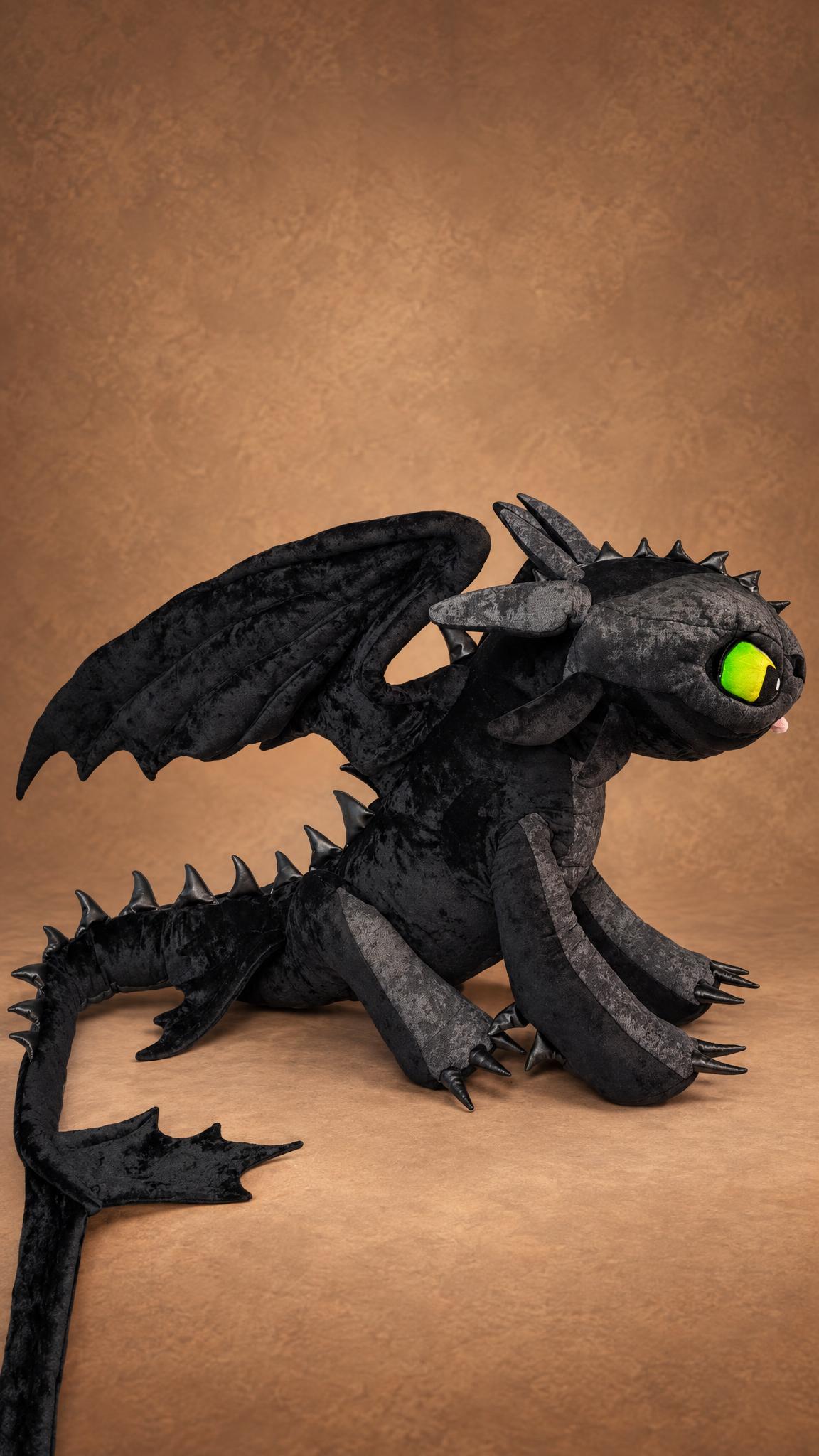Custom Night Fury plush from How to Train Your Dragon, handmade with a long spiked tail and tail fins