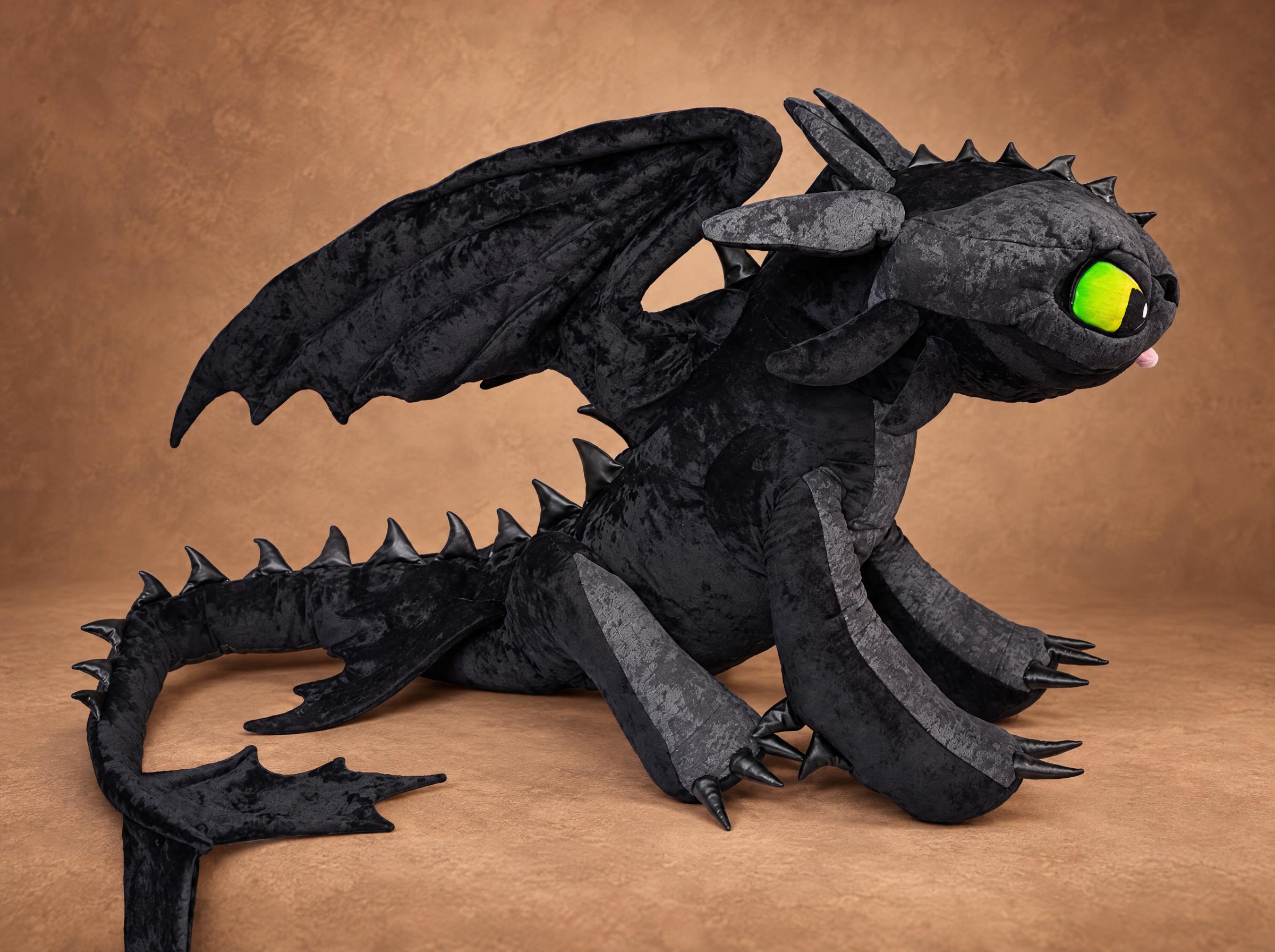 Night Fury plush with wings spread, custom Toothless toy Night Fury plush with one wing spread wide and a spiked tail, custom Toothless toy handmade to order