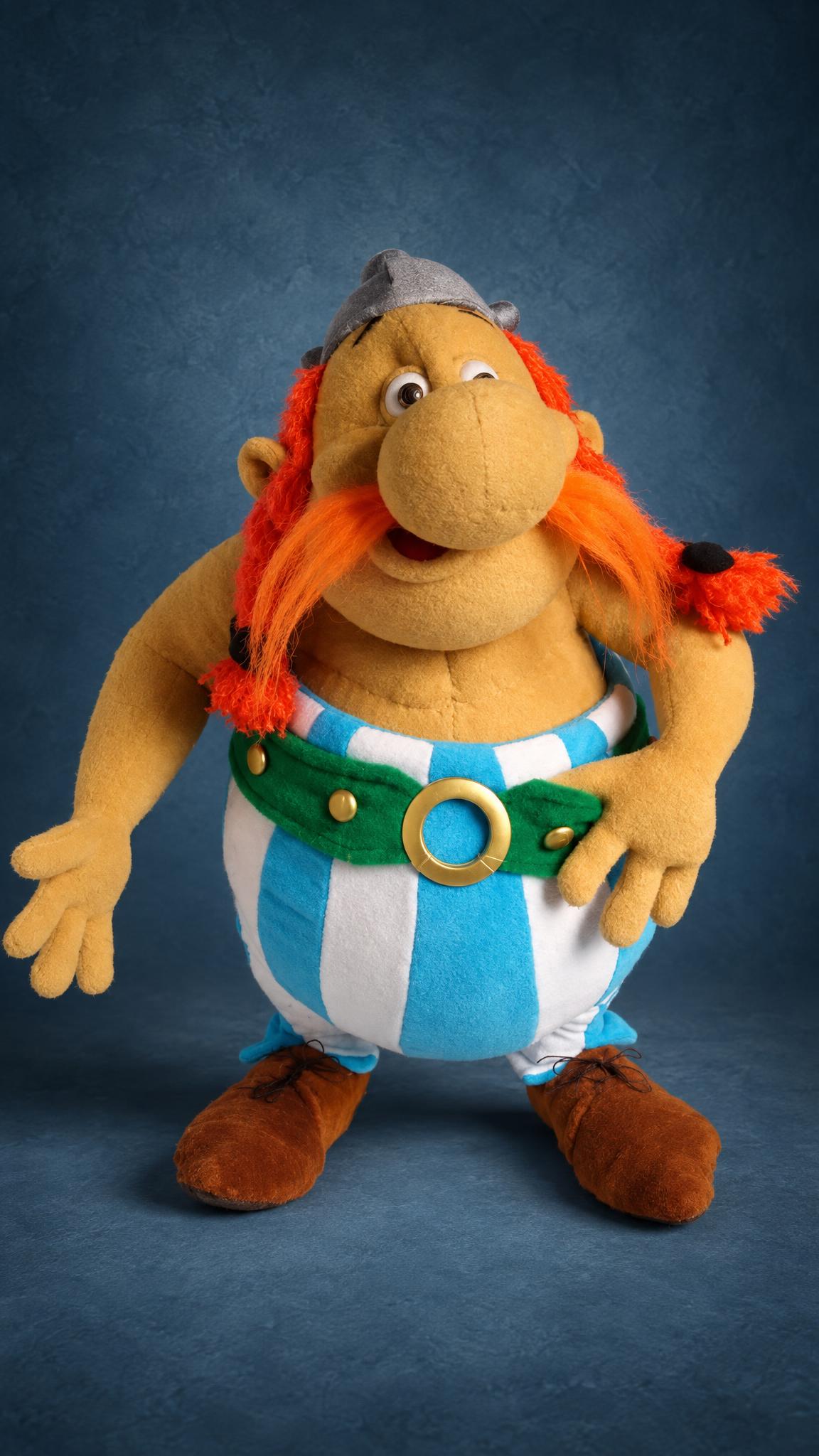 Custom Obelix plush doll from Asterix, made to order with red braids, a green belt and blue striped trousers