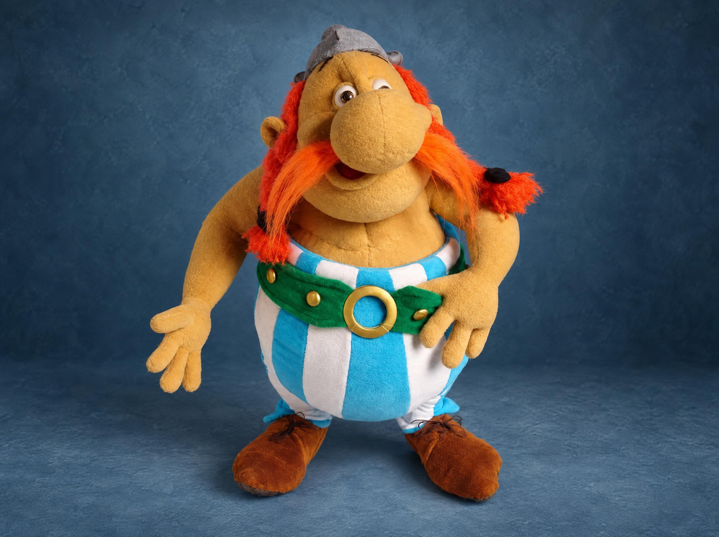 Custom Obelix plush doll from Asterix, made to order with red braids, a green belt and blue striped trousers