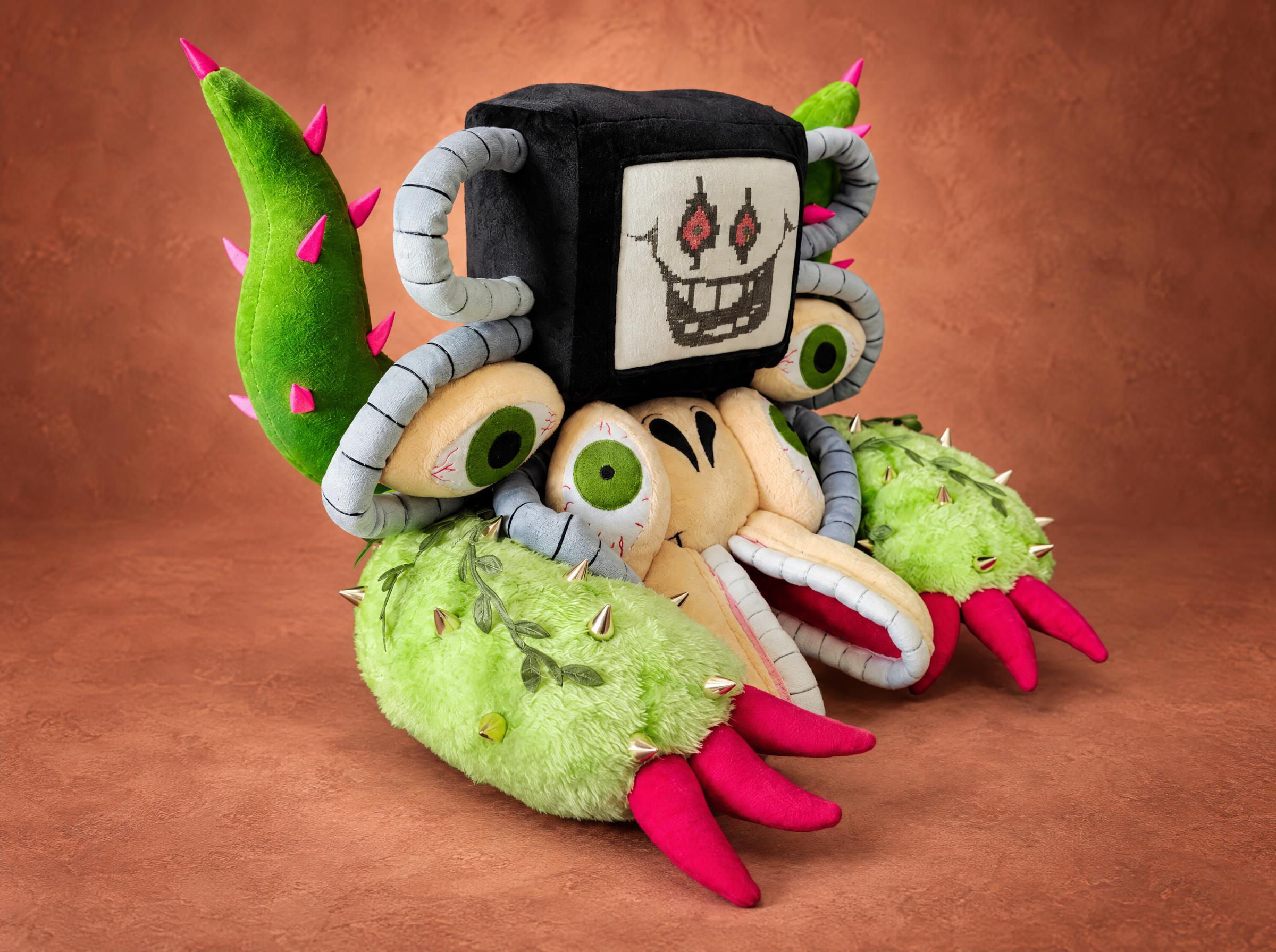 Handmade Omega Flowey plush from Undertale, made to order with a TV-screen face, cactus arms and pink claws