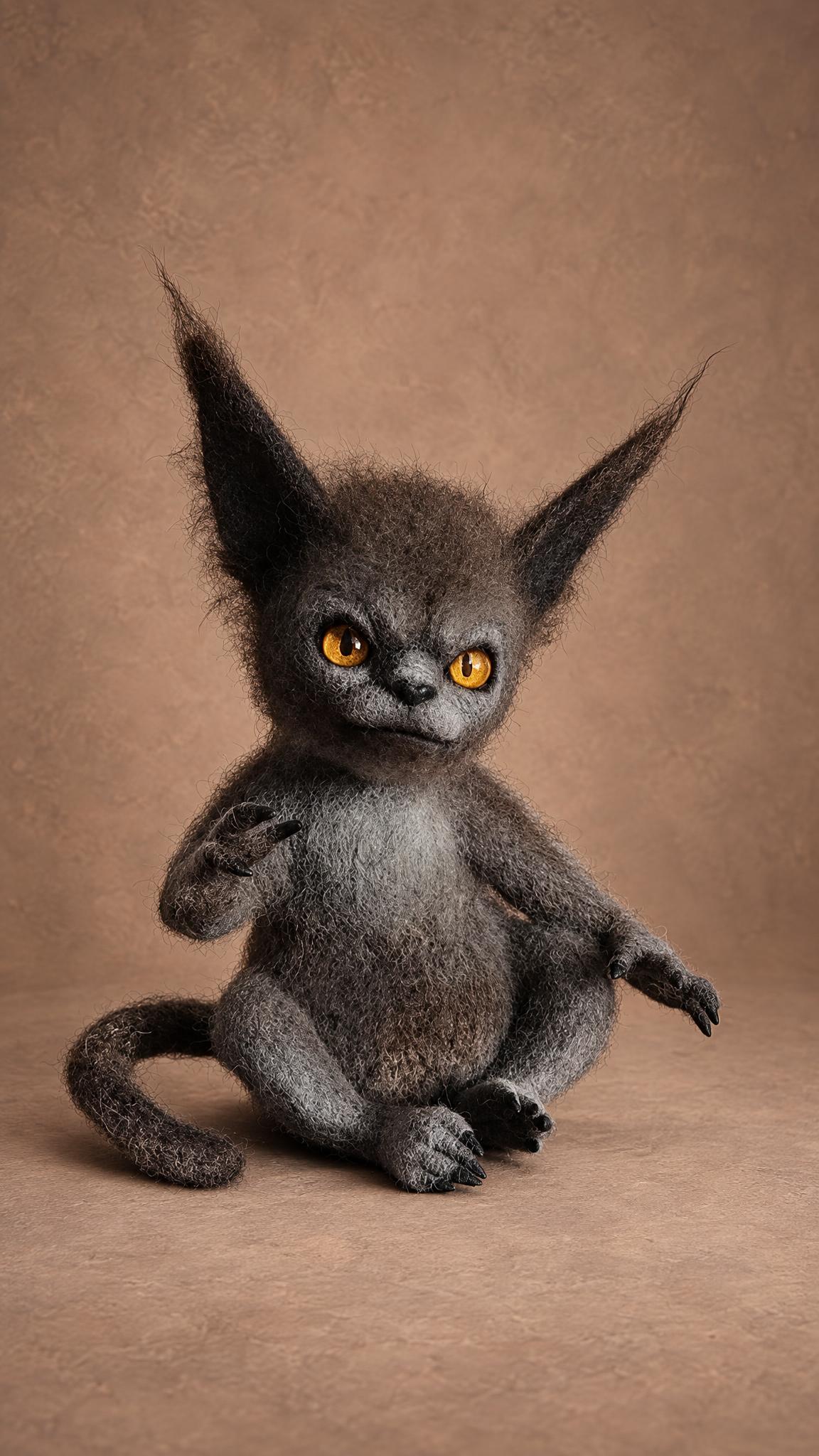 One-of-a-kind original character plush: felted grey creature with pointed ears and a raised clawed hand