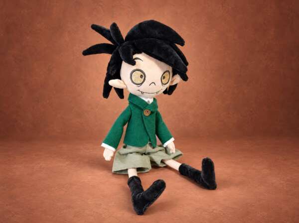 Oskar plush from School for Vampires, handmade to order: spiky black hair, fangs, green jacket, sitting