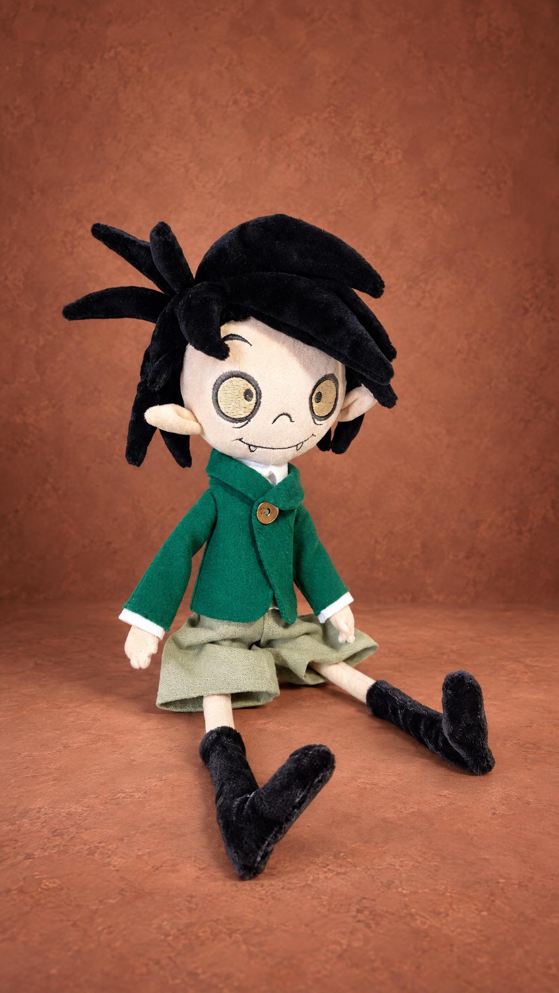 Oskar plush from School for Vampires, handmade to order: spiky black hair, fangs, green jacket, sitting