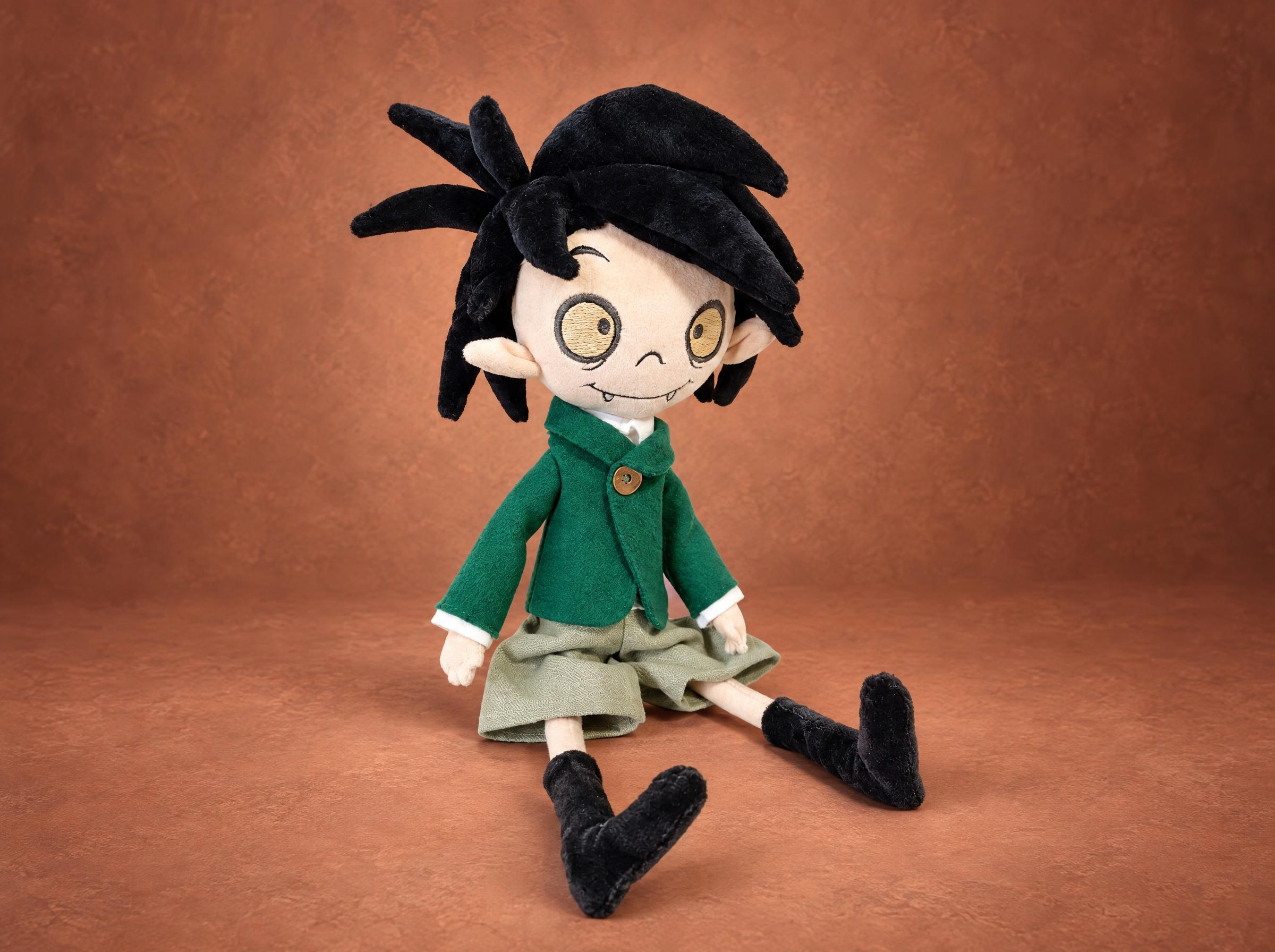 Oskar plush from School for Vampires, handmade to order: spiky black hair, fangs, green jacket, sitting