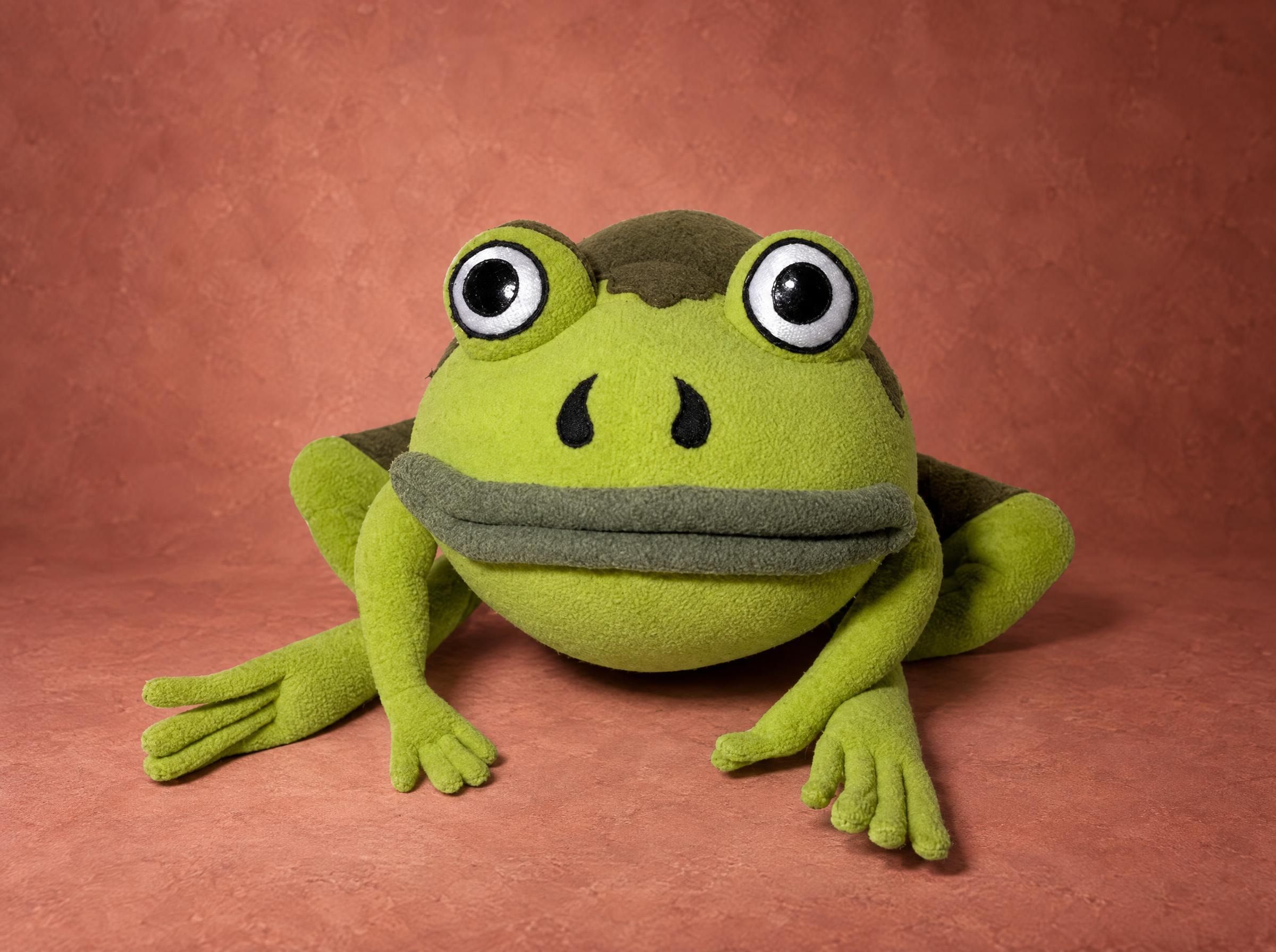 Over the Garden Wall frog plush, Jason Funderburker in green fleece with big round eyes, sewn to order