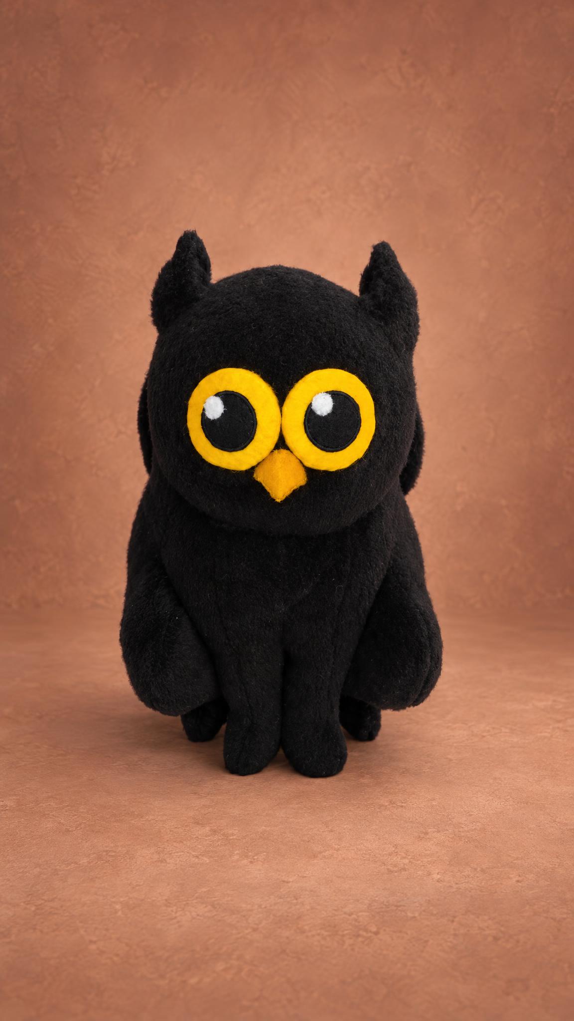 Owl-cat logo mascot plush prototype, handmade in black fleece to order: pointed ear tufts, yellow eye rings