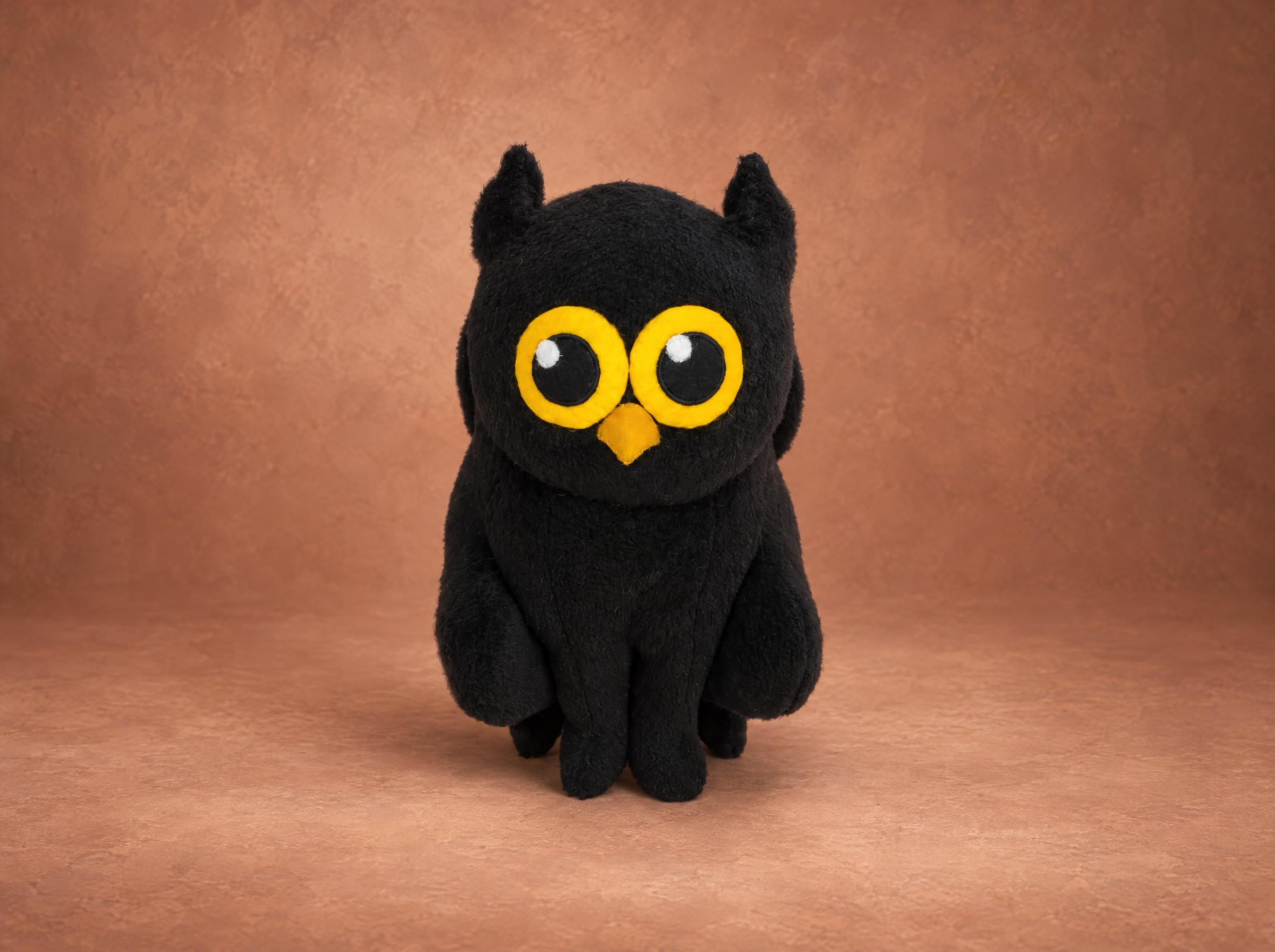 Owl-cat logo mascot plush prototype Owl-cat logo mascot plush prototype, handmade in black fleece to order: pointed ear tufts, yellow eye rings