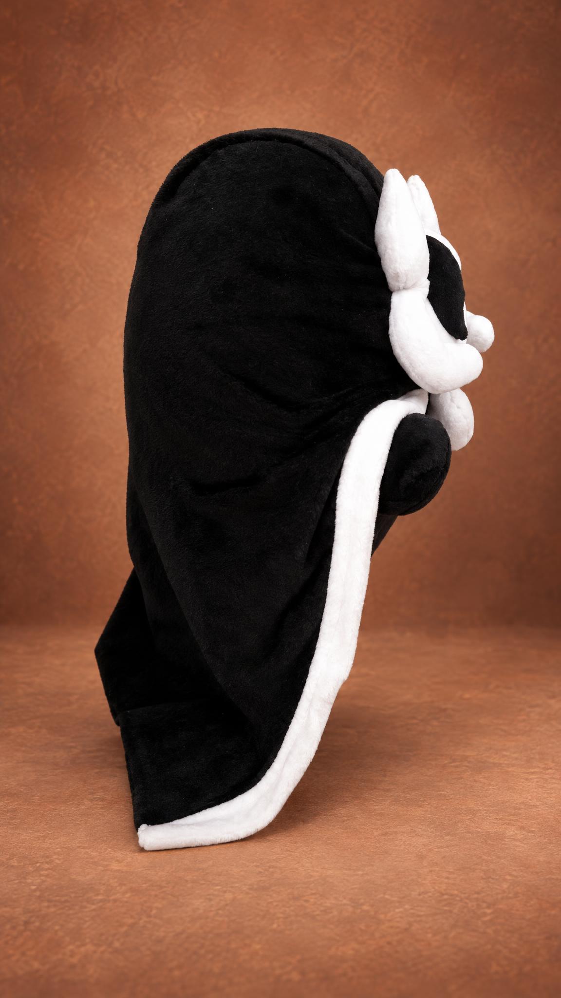Ozen plush from Made in Abyss, sewn to order: the long black cloak with a white hem wraps her whole round body