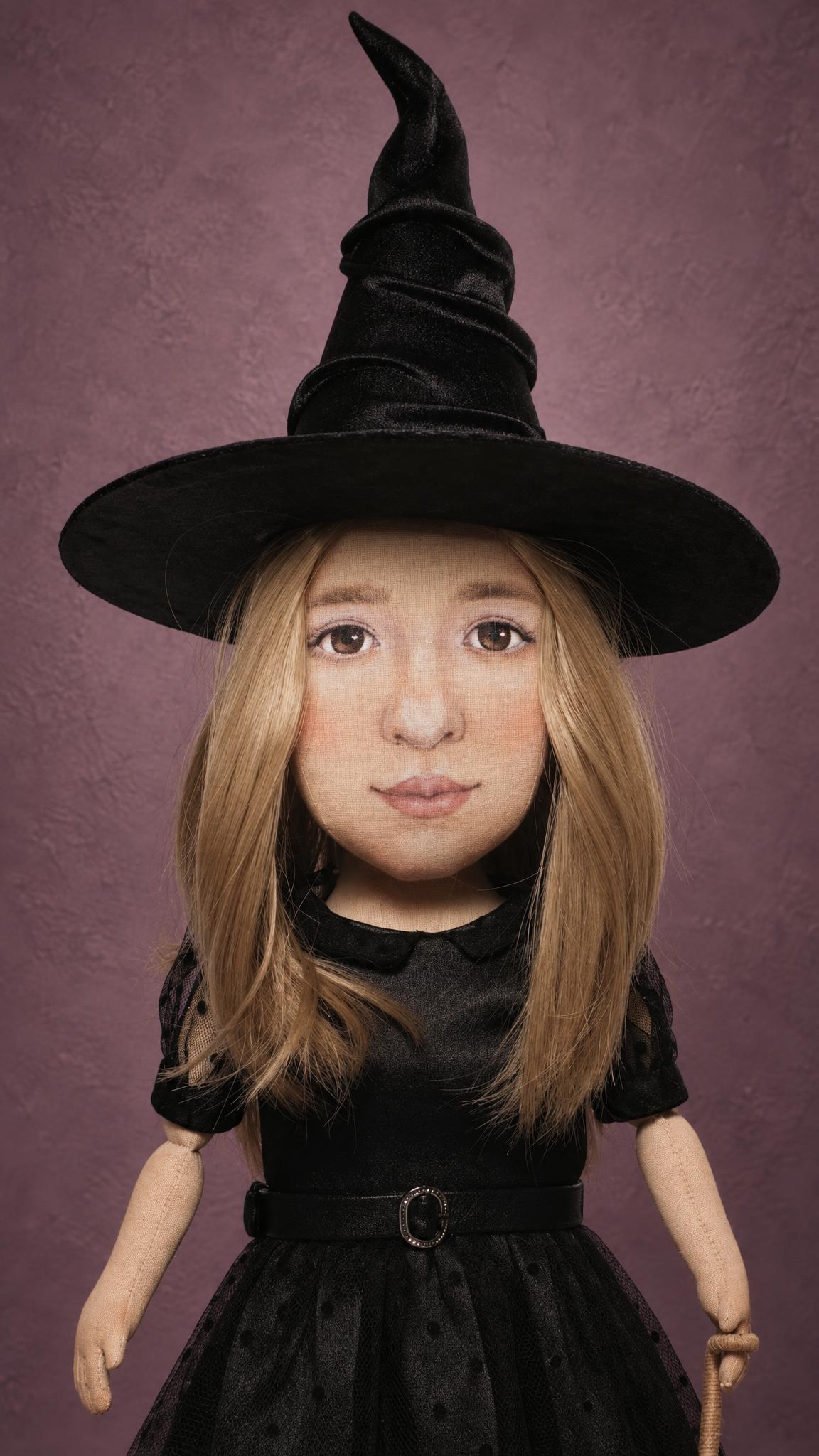 Custom witch doll with a hand-painted face, made to order from a photo: blonde hair, black satin dress, belt buckle