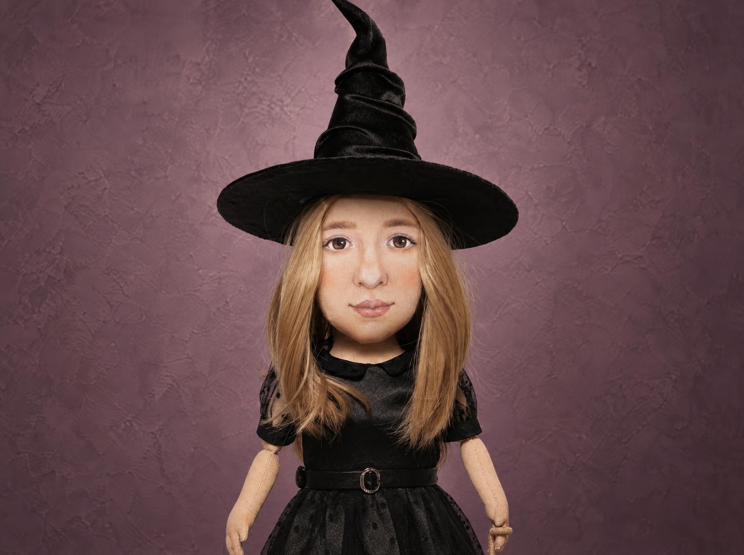 Painted-Face Portrait Doll in a Witch Hat Painted-face portrait doll sewn to order: brown eyes, blonde hair and a twisted black witch hat, a talking doll gift