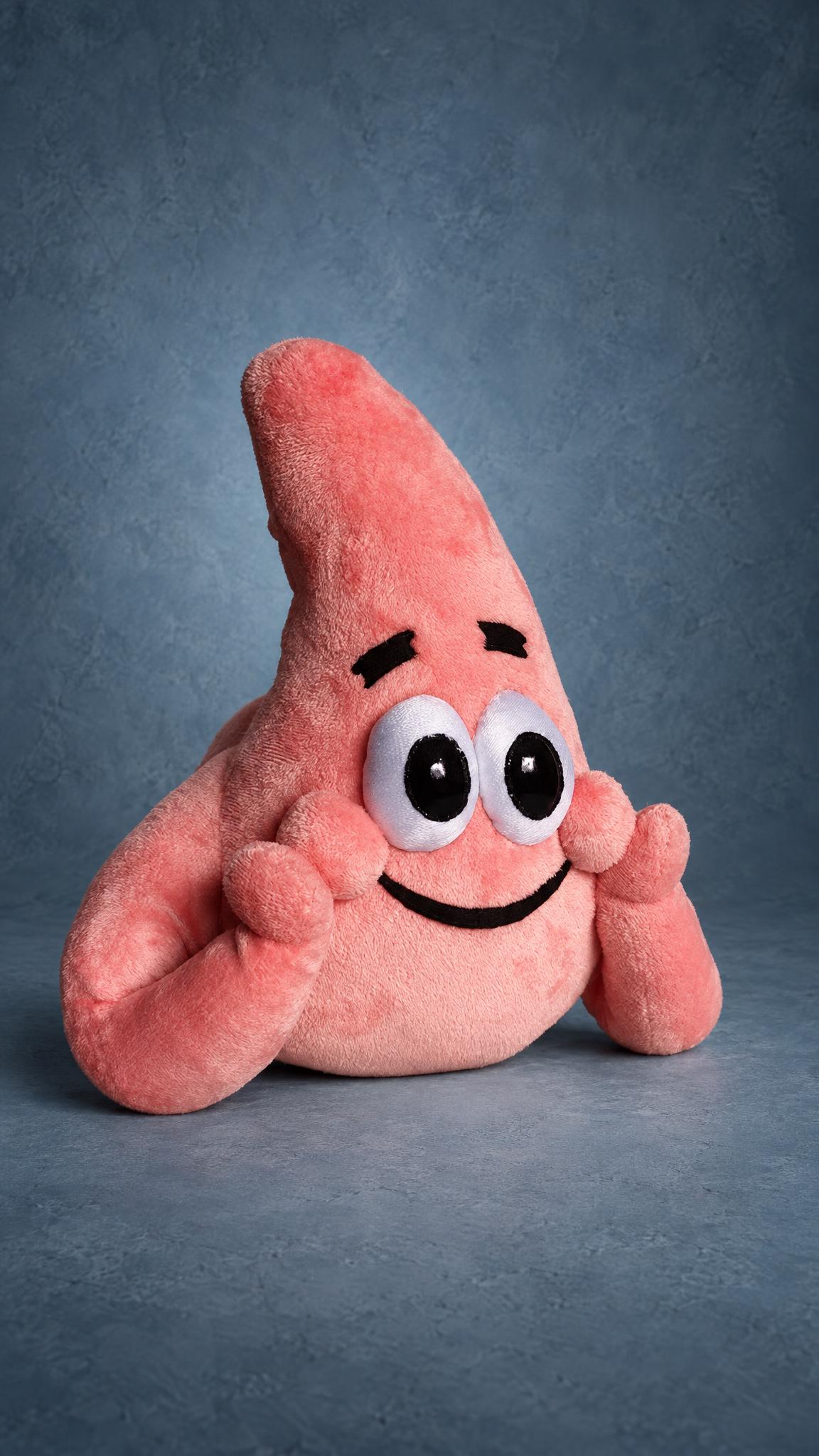 Custom Patrick Star plush from SpongeBob, a coral pink starfish with his chin in his hands, handmade to order