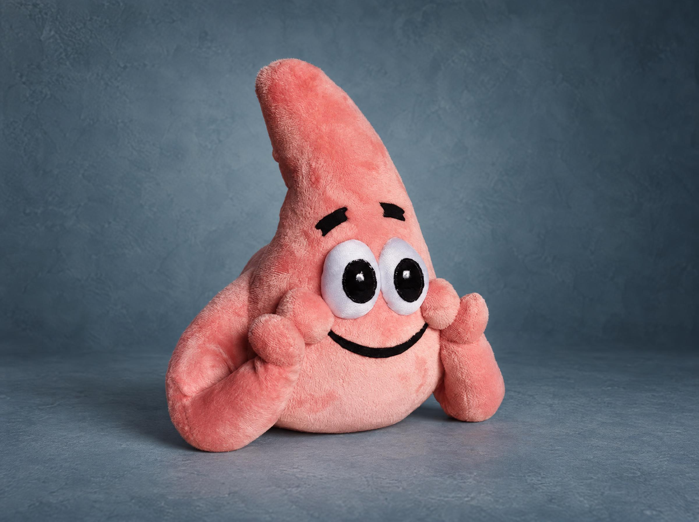 Patrick Star plush from SpongeBob, a pink fleece starfish with an embroidered smile, sewn by hand to order