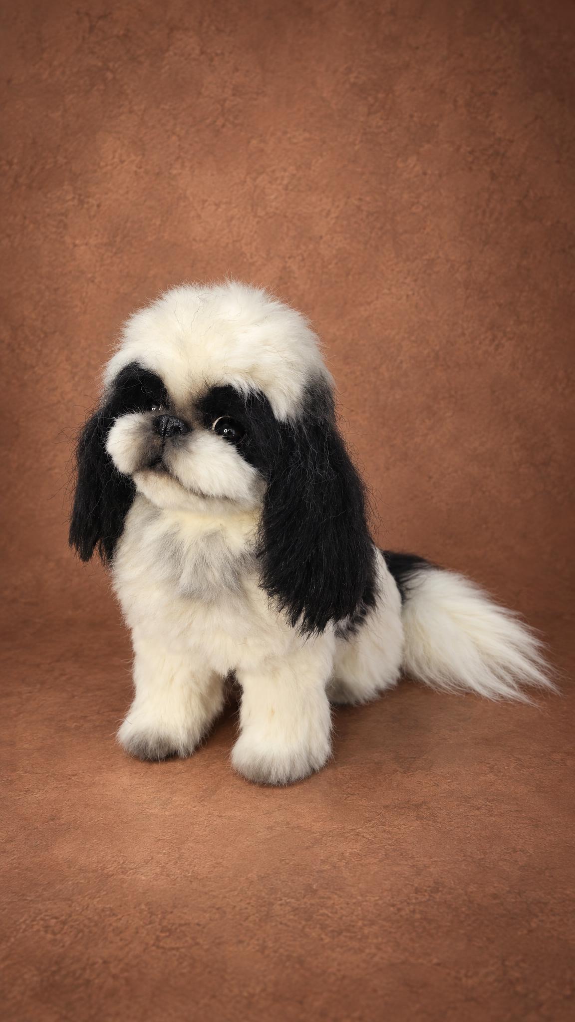 Handmade Pekingese dog plush looking up, black eye patches and button nose, made to order
