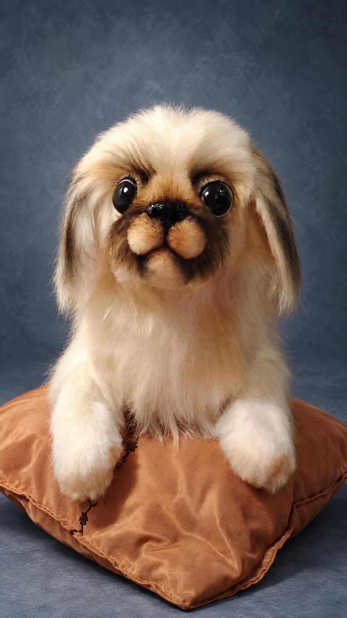 Handmade Pekingese soft toy with big glass eyes and a felted flat muzzle, a custom memorial pet plush