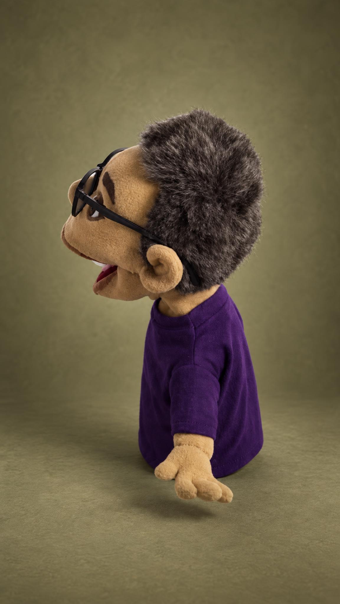 Custom puppet from photos in profile: gray hair, black glasses, open mouth and purple tee, handmade to order