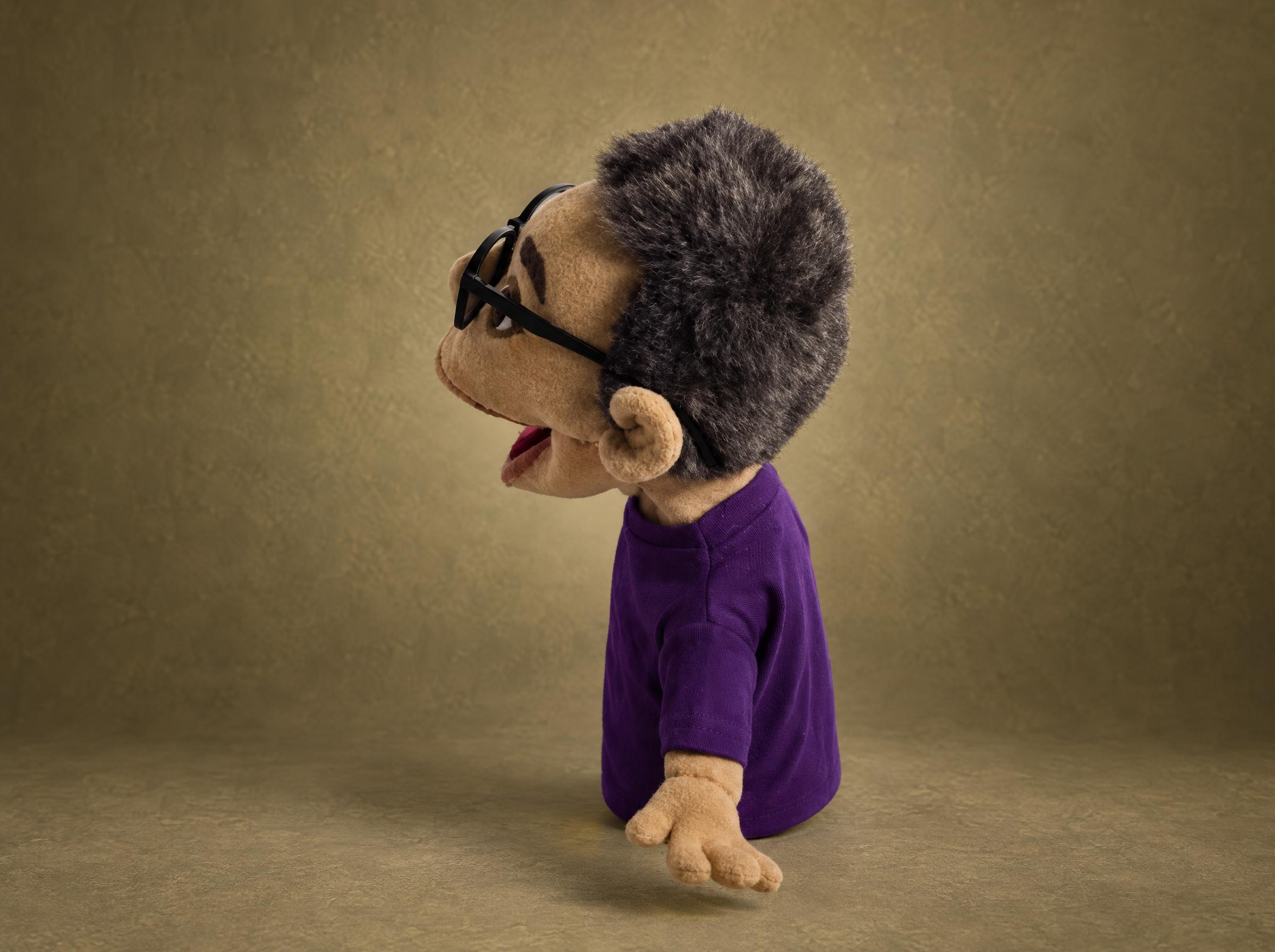 Personalized lookalike puppet from photos, fluffy gray hair and glasses in profile, handmade to order