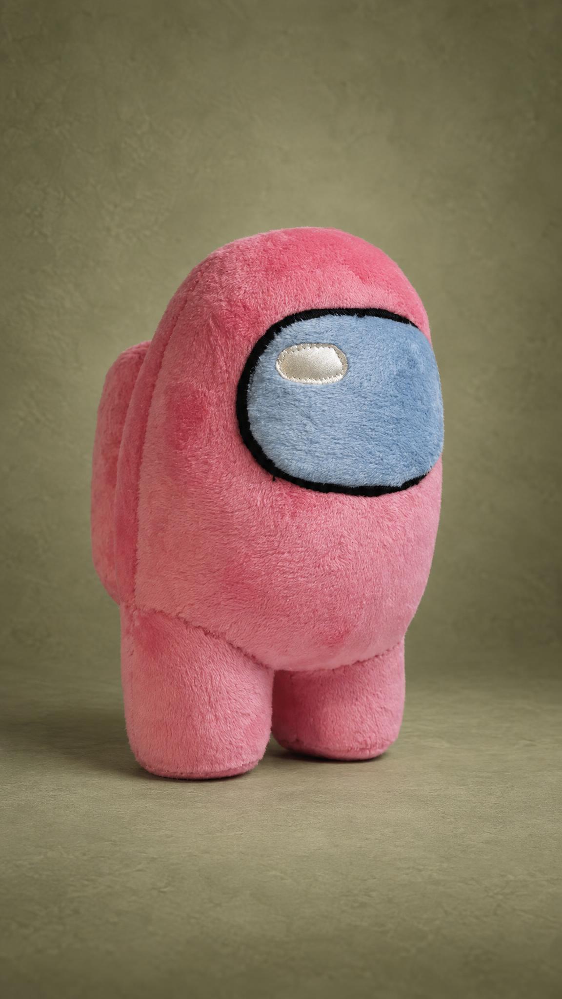 Custom pink Among Us crewmate plush, handmade to order with a pale blue visor and a backpack