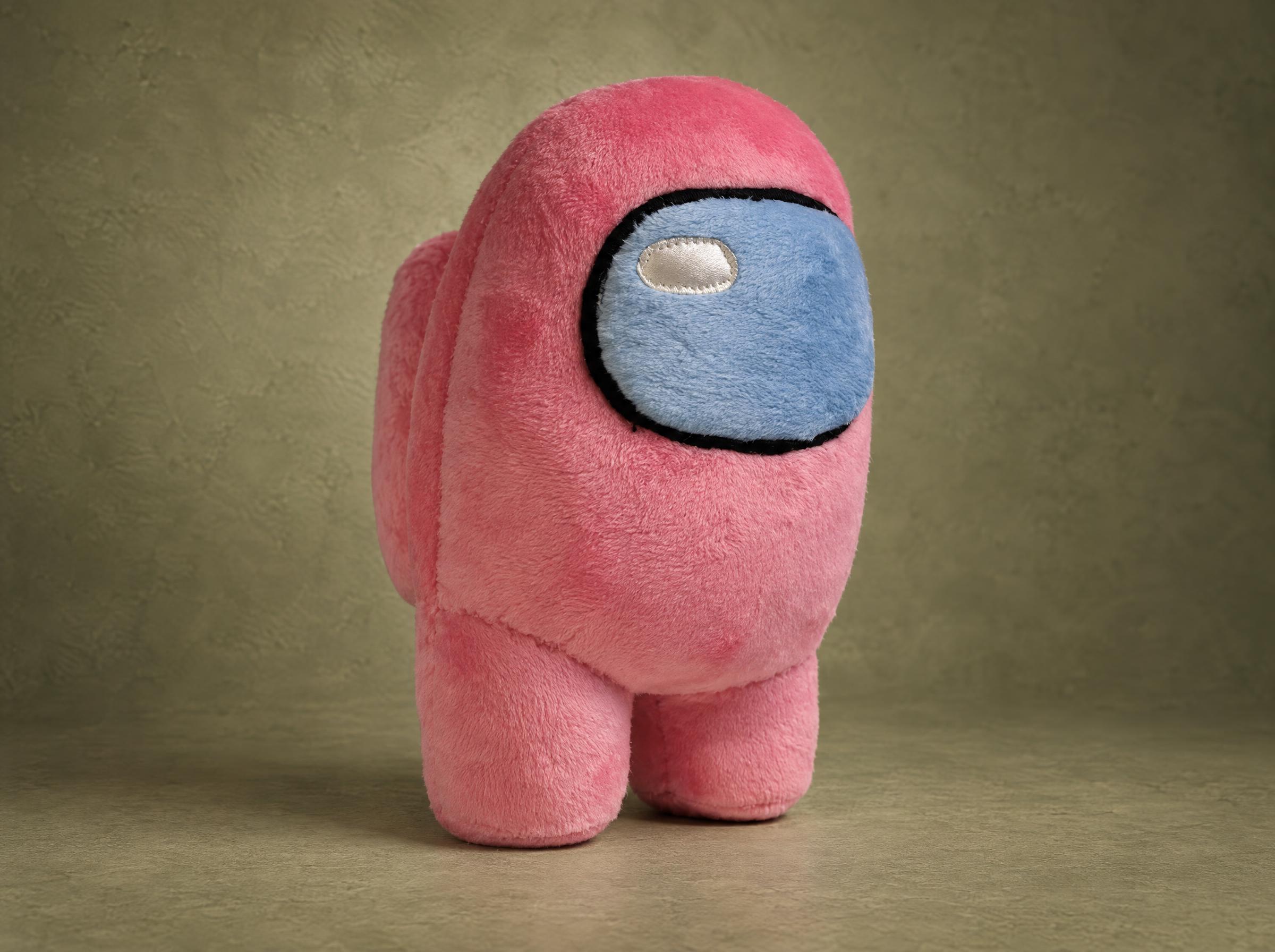 Custom pink Among Us crewmate plush, handmade to order with a pale blue visor and a backpack