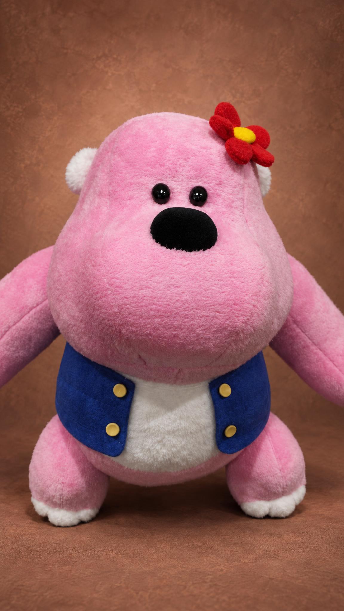 Custom pink gorilla plush Lucy in a blue vest with a red flower, a company mascot handmade to order