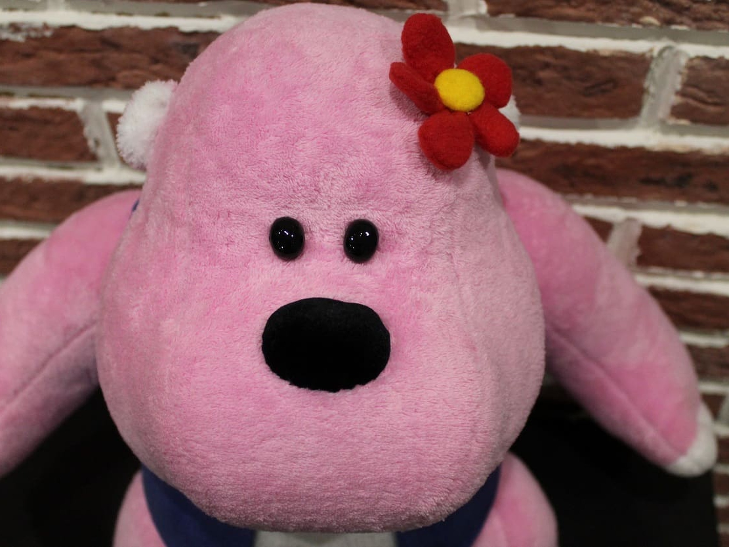 Pink gorilla plush Lucy, black nose and red flower Pink gorilla plush Lucy up close: black bead eyes, a big black nose and a red flower behind the ear, handmade to order