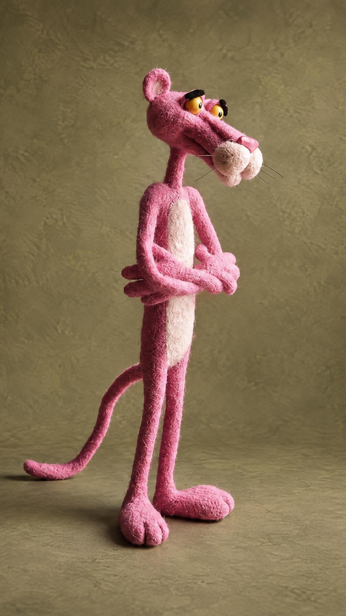 Custom Pink Panther wool doll with arms crossed and tail curling, needle-felted by hand to order