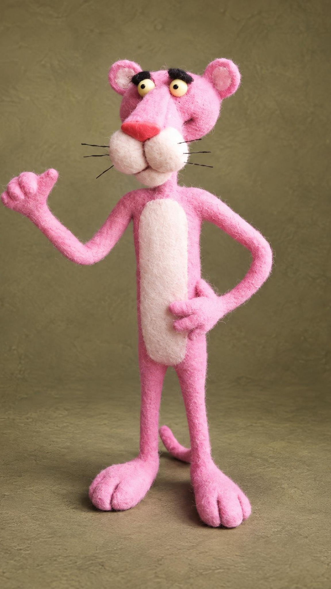Pink Panther felted wool figure giving a thumbs up, hand on hip, custom handmade to order