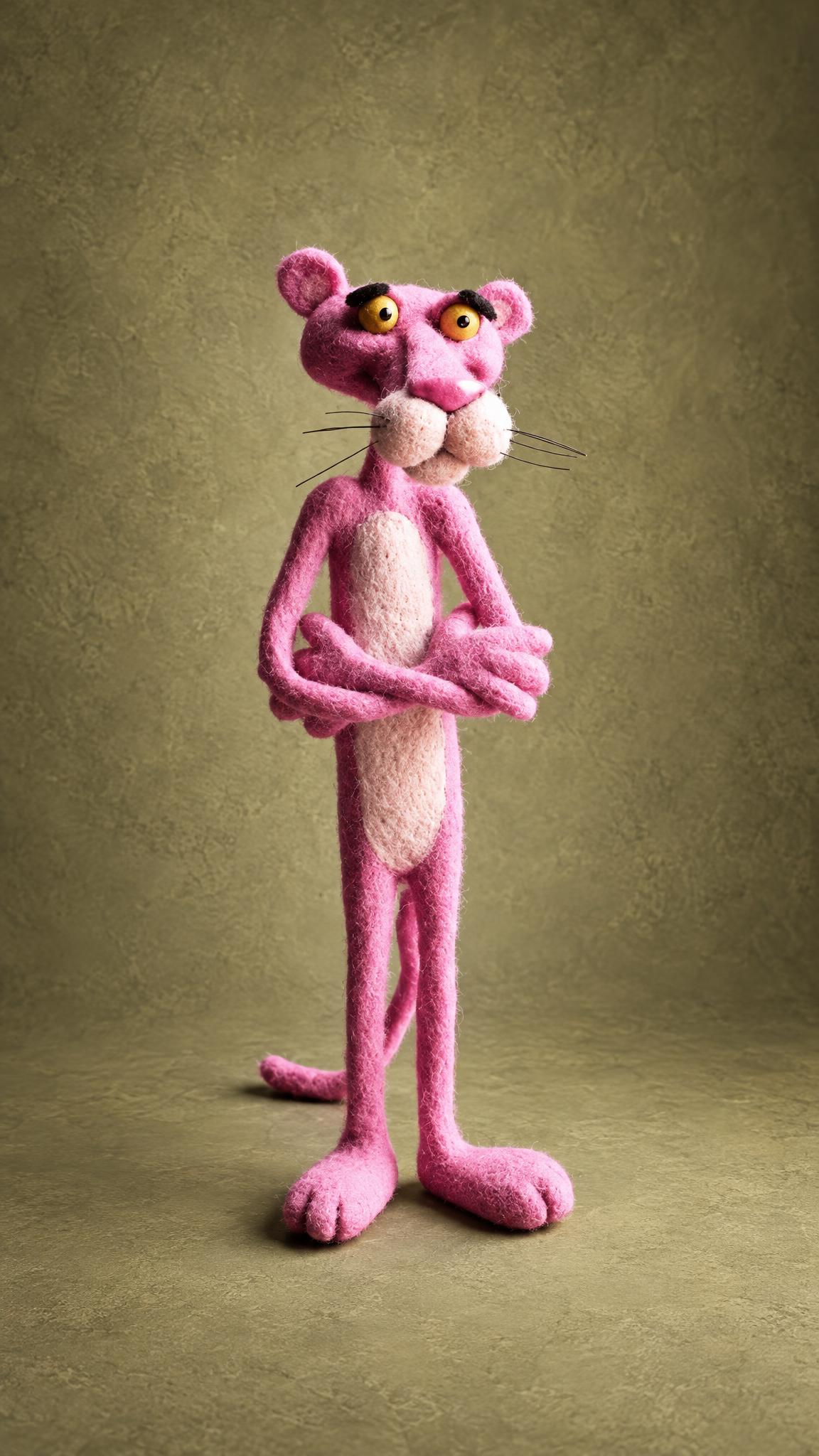 Custom Pink Panther plush needle-felted from pink wool, arms crossed, handmade to order