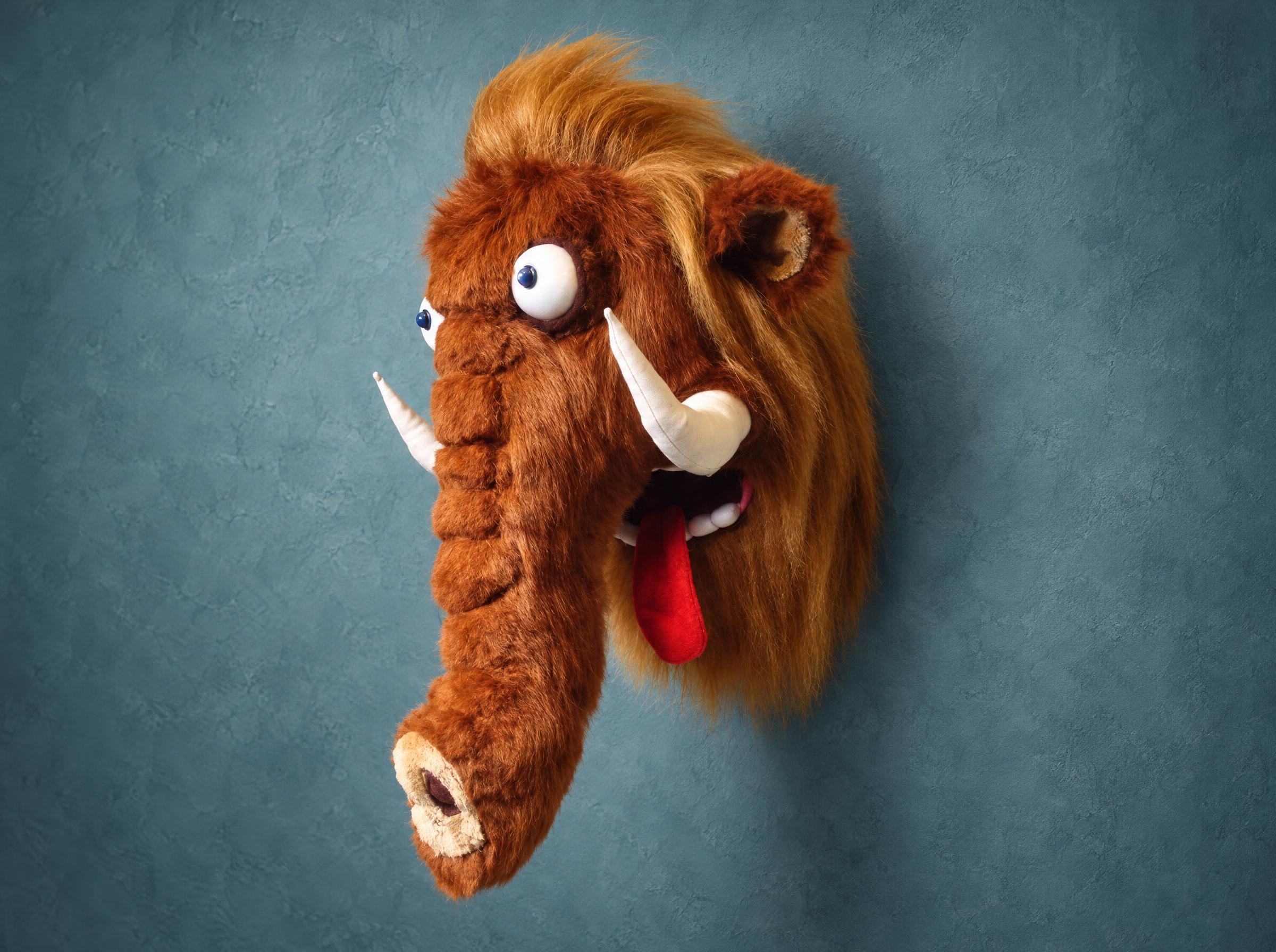 Plush mammoth head faux taxidermy, first made in 2012 Plush woolly mammoth head wall mount, our first handmade build from 2012: blond tuft, soft tusks, red tongue