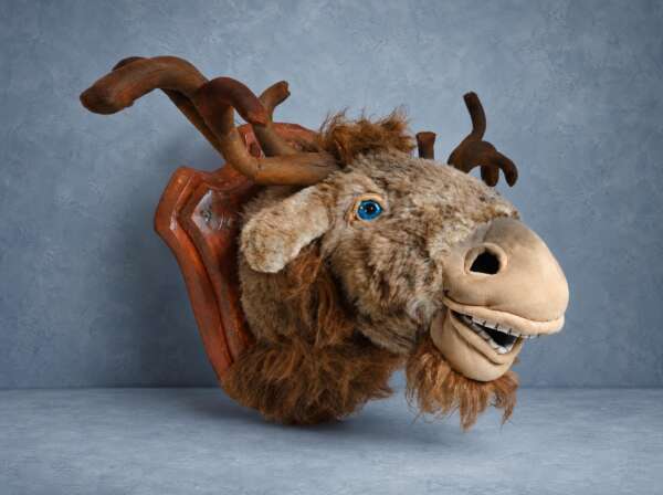 Plush moose head, faux taxidermy made to order: grinning, blue eyes, fabric antlers on a brown wall plaque