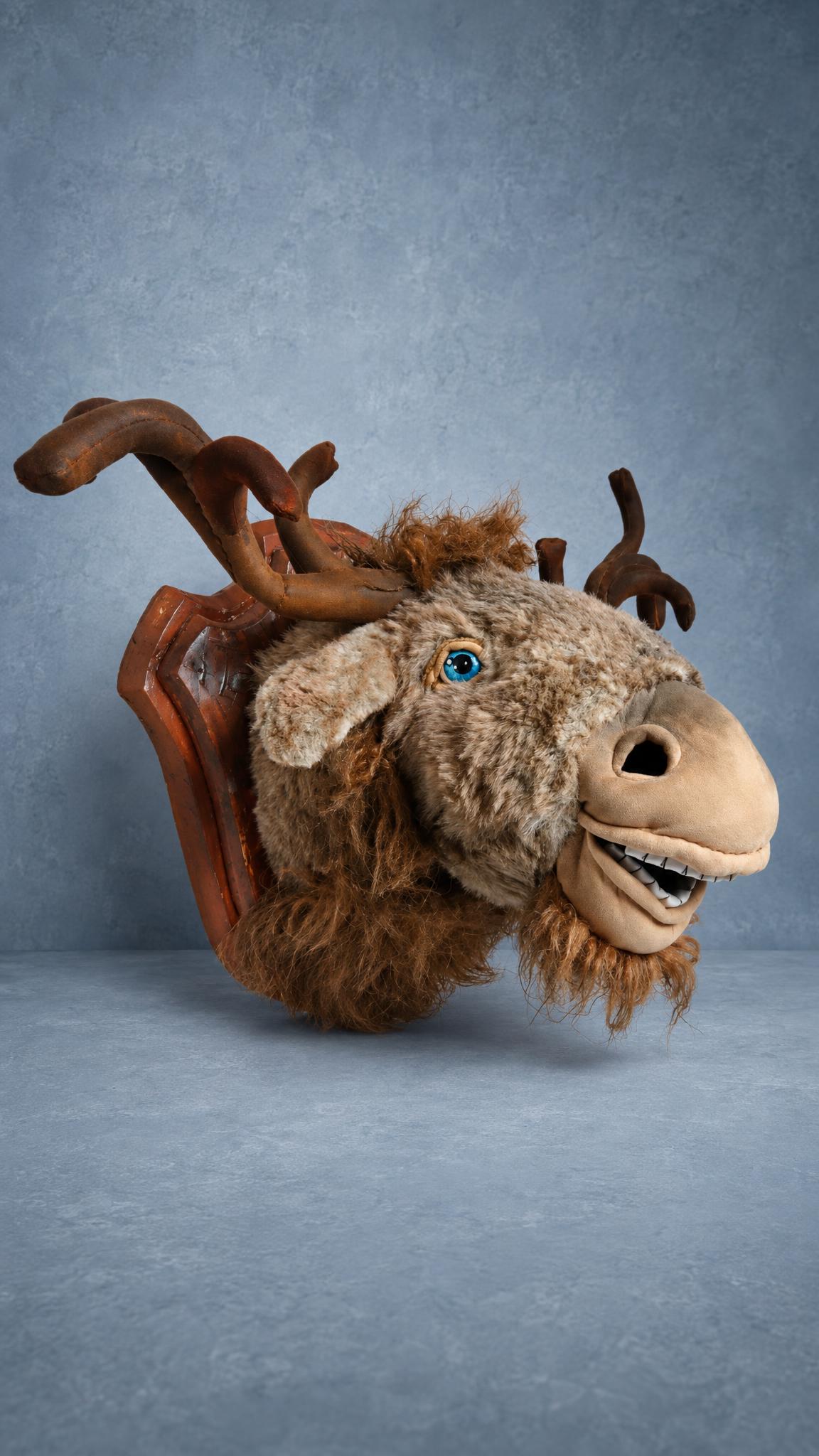 Plush moose head, faux taxidermy made to order Plush moose head, faux taxidermy made to order: grinning, blue eyes, fabric antlers on a brown wall plaque