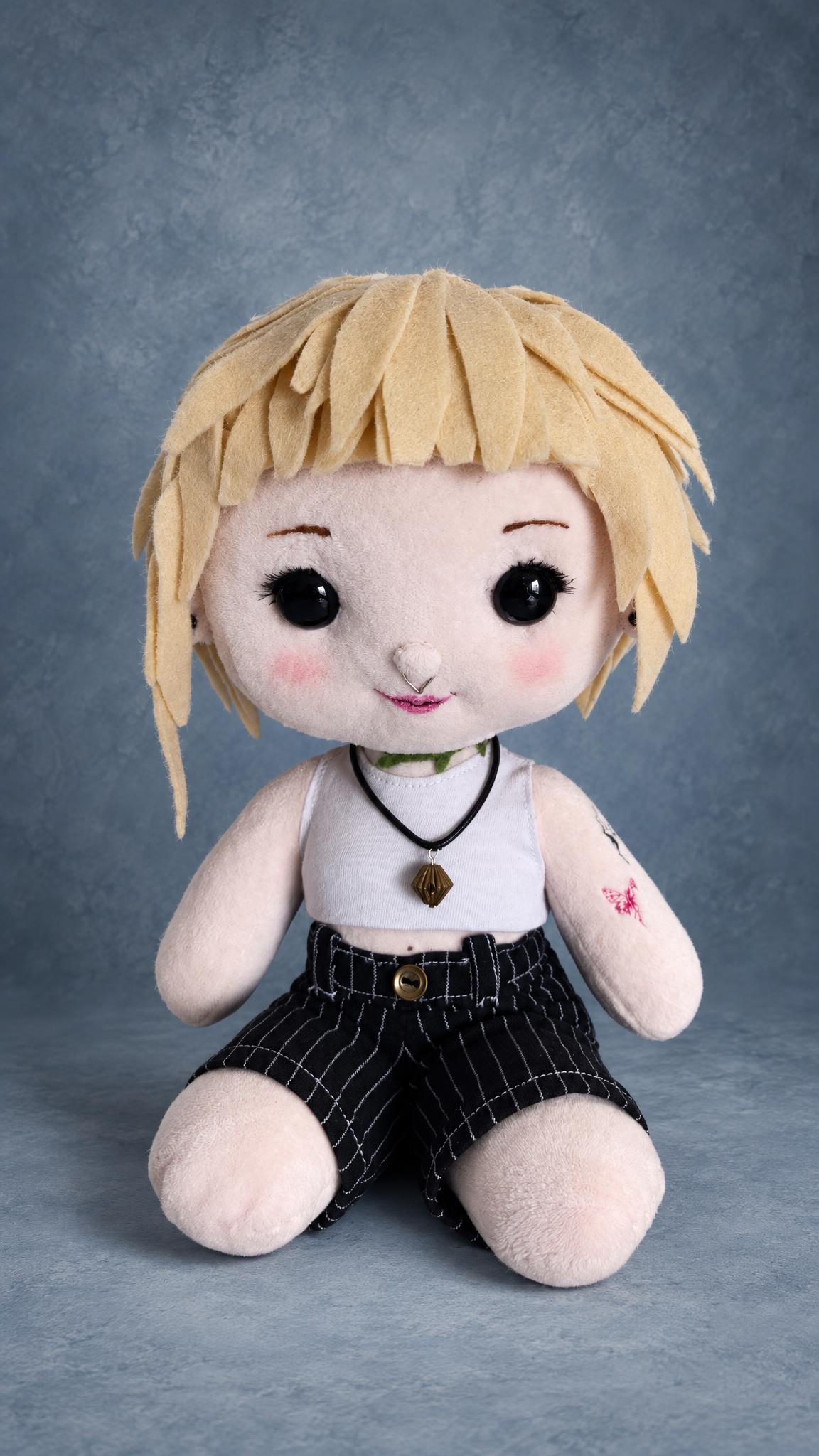 Plush portrait doll with a messy blond felt wig and a pink butterfly tattoo, sewn to order from her photo