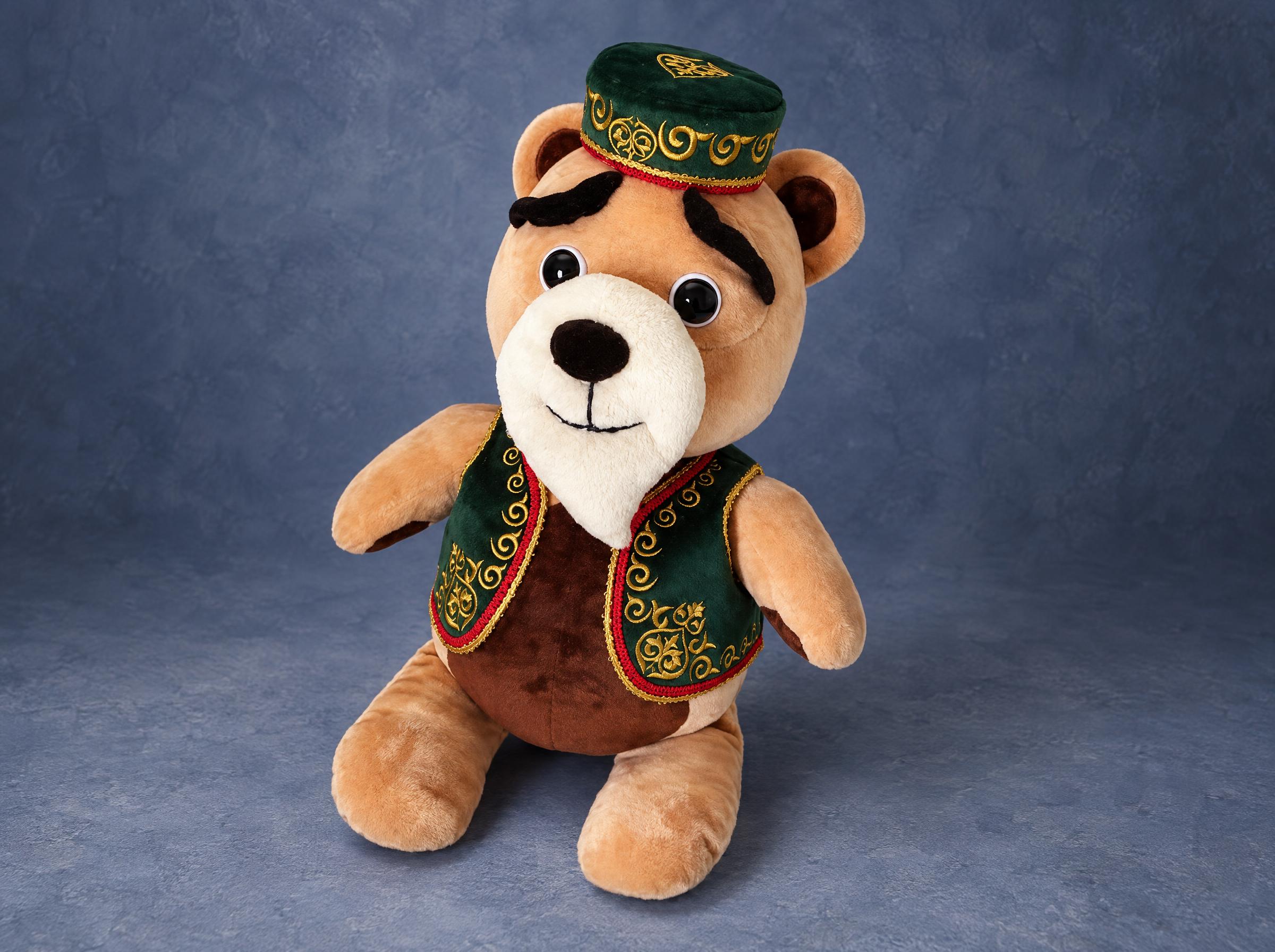 Plush teddy bear prototype in a waistcoat Plush version of the teddy bear prototype, made to order: skullcap, green velvet waistcoat, white-rimmed eyes