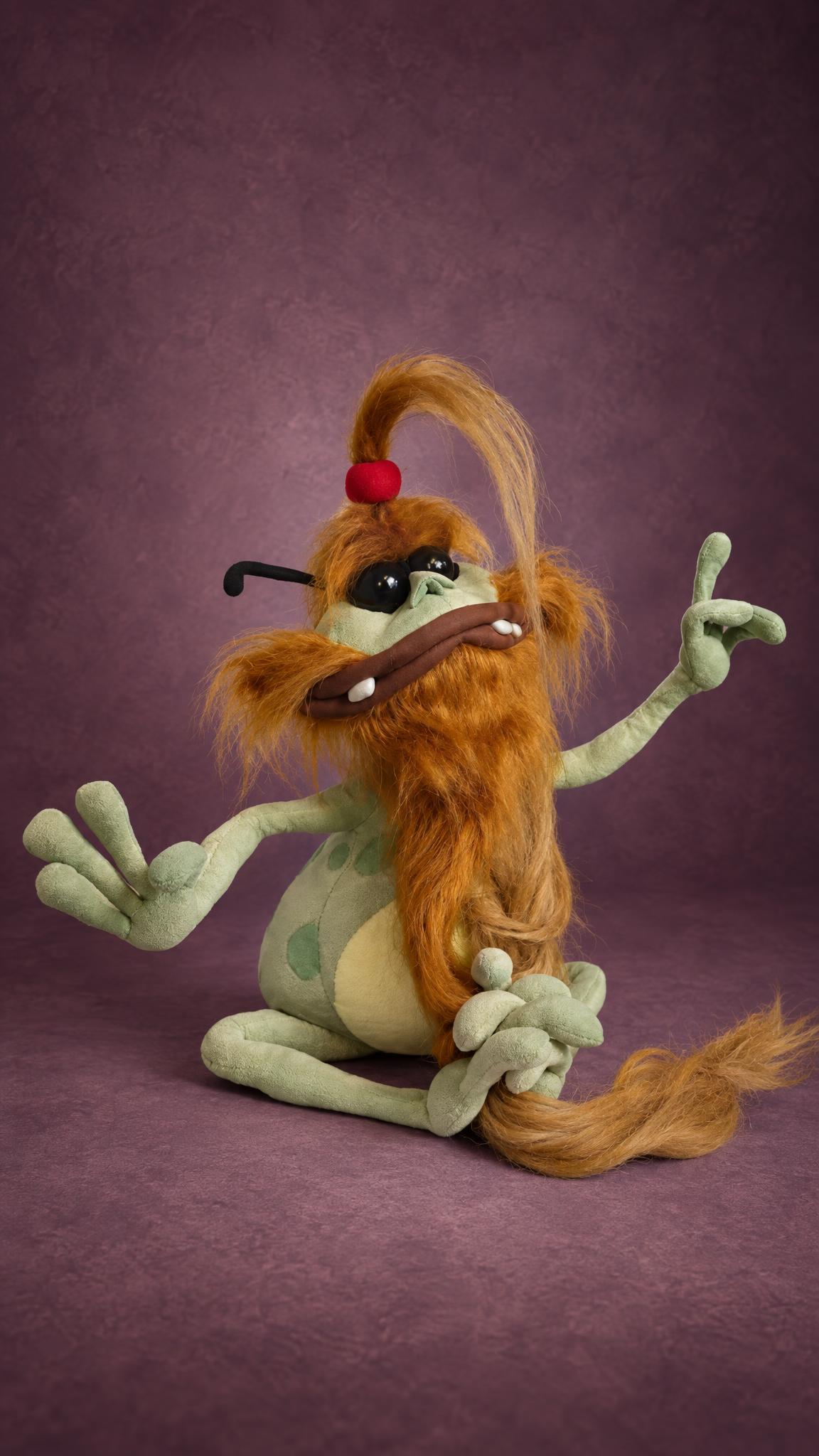 Handmade Polokus soft toy from Rayman with long green fingers, sunglasses and a ginger faux-fur beard