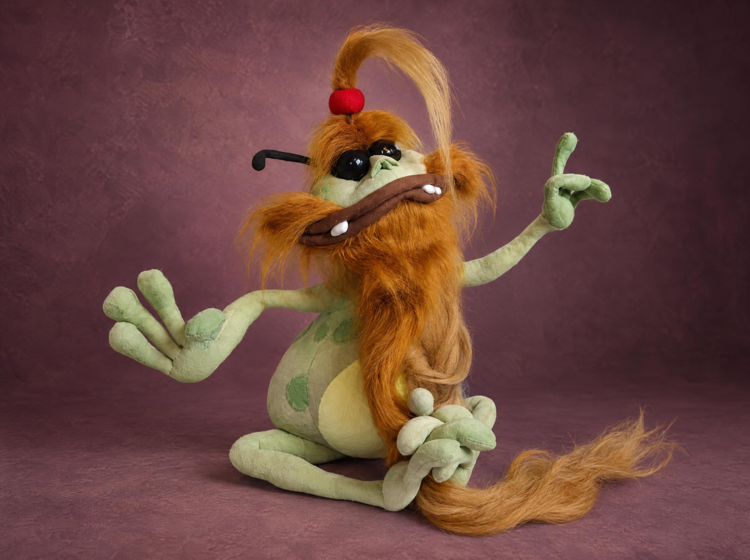 Polokus Soft Toy, Custom Rayman Plush Handmade Polokus soft toy from Rayman with long green fingers, sunglasses and a ginger faux-fur beard