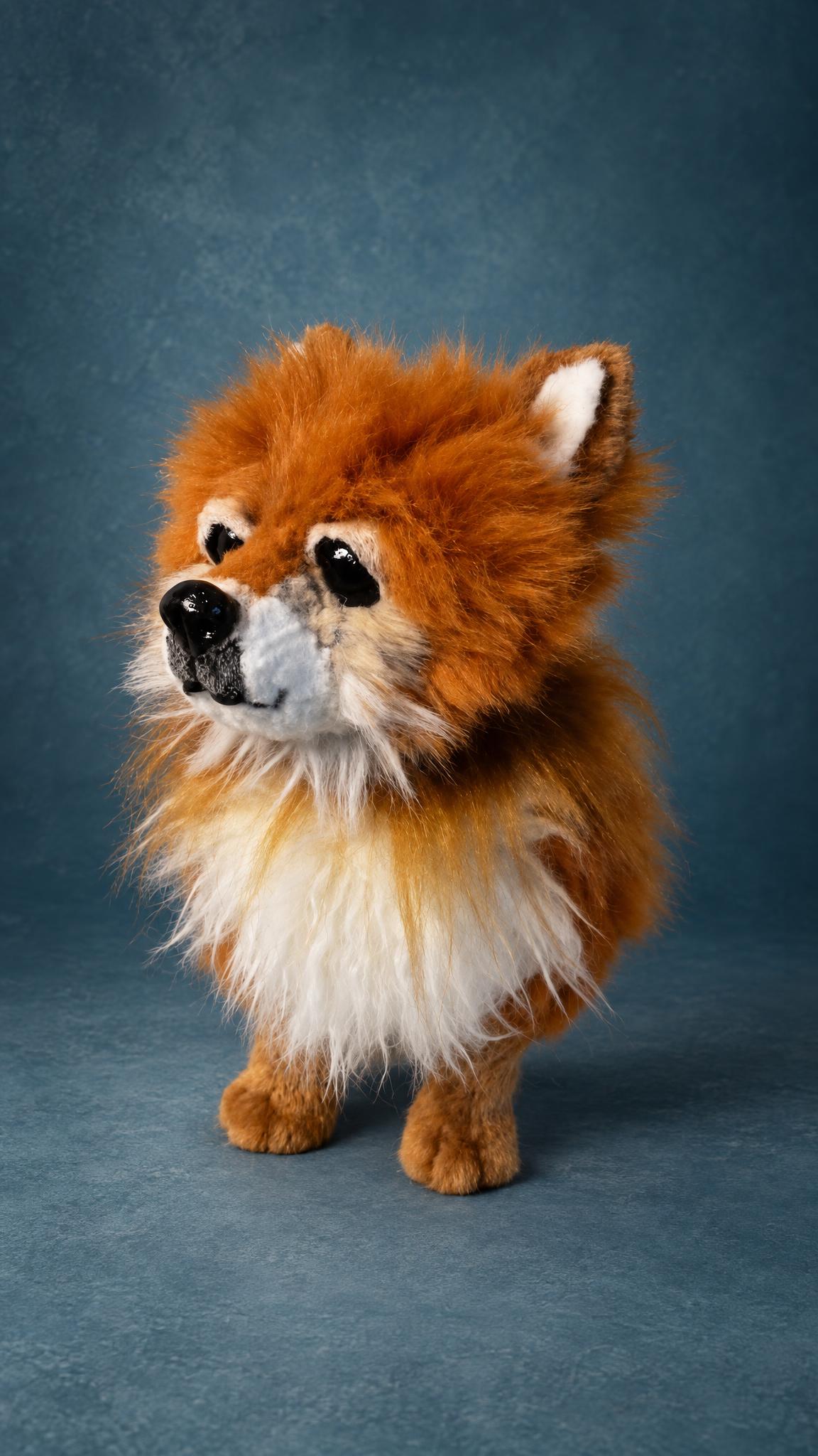 Handmade Spitz plush dog with a shiny black nose and a big white ruff, a custom pet plush sewn to order