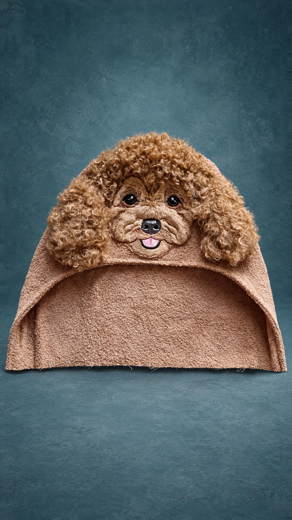 Poodle dog hooded towel prototype, handmade to order: curly faux fur ears, brown terry hood, embroidered face