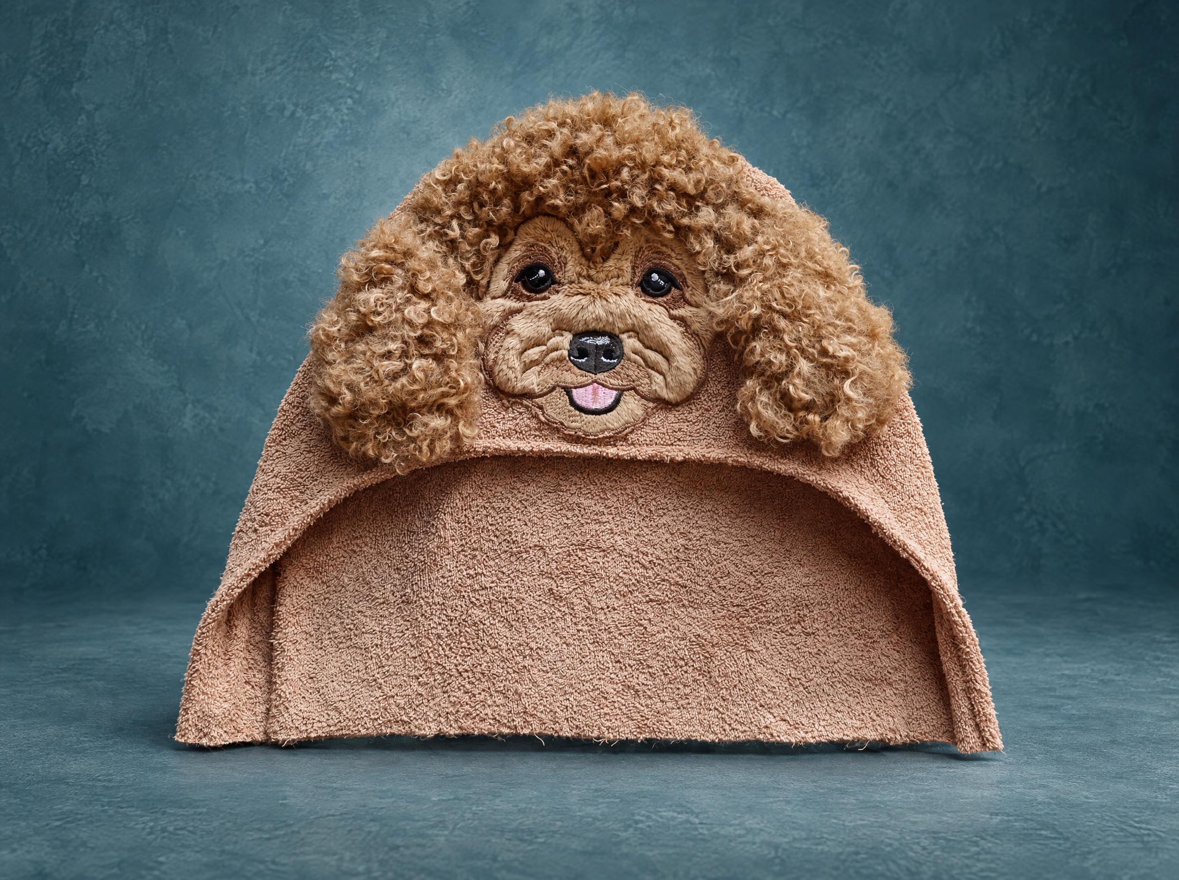 Poodle dog hooded towel prototype Poodle dog hooded towel prototype, handmade to order: curly faux fur ears, brown terry hood, embroidered face