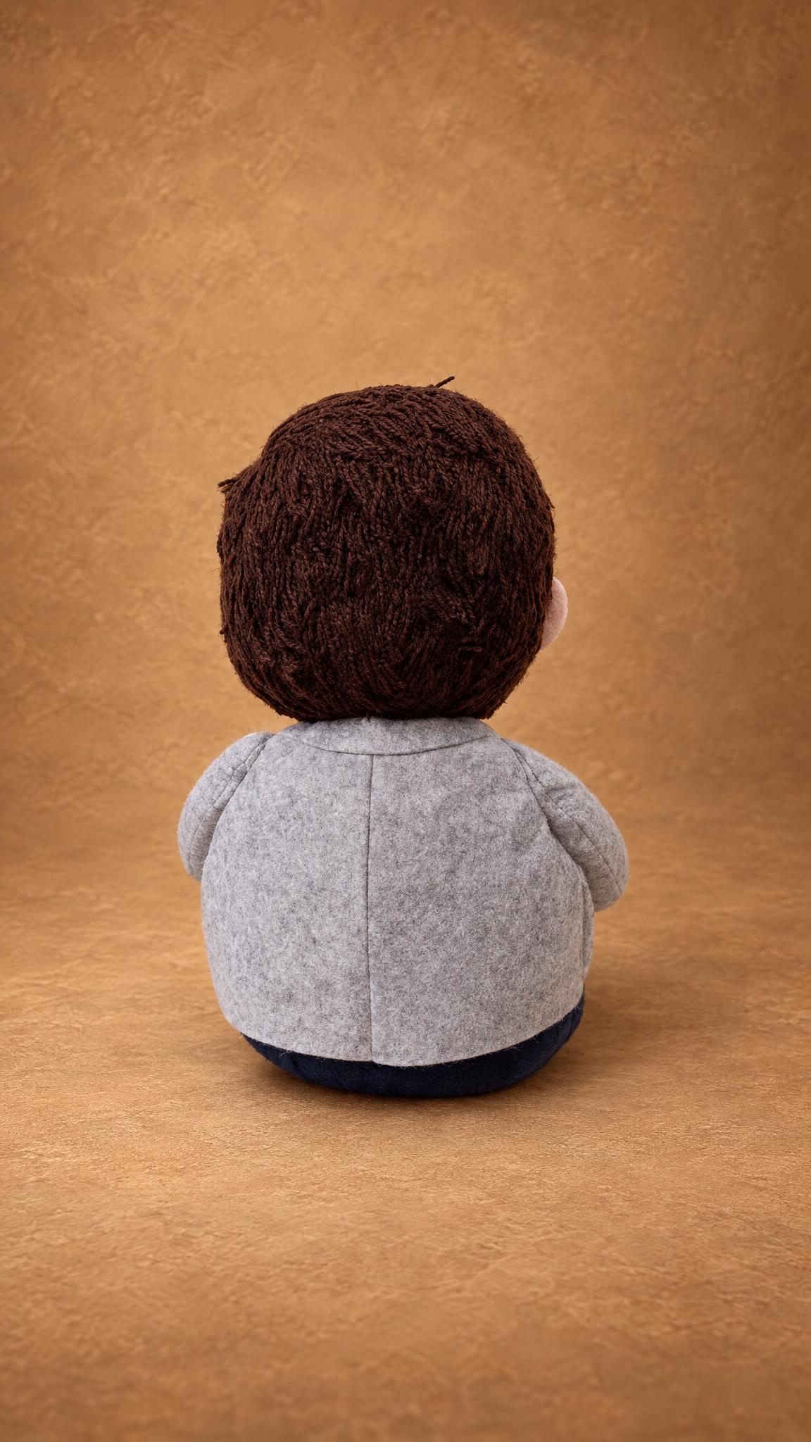 Mini me doll of a man from photos: short dark brown hair and a tailored grey felt blazer, handmade to order