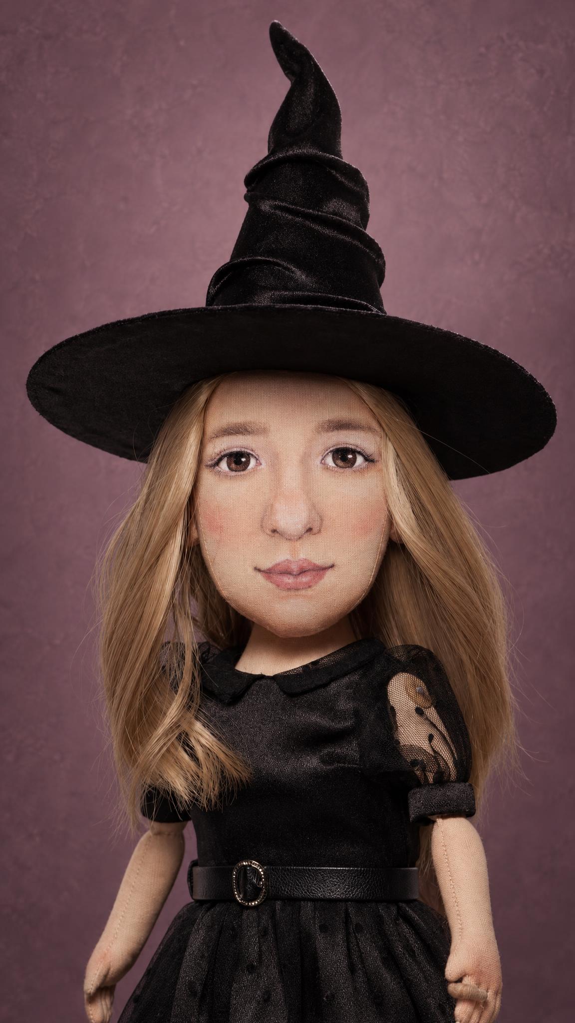 Look-alike witch doll sewn to order from a photo: painted brown eyes, blonde hair, round collar and sheer sleeves