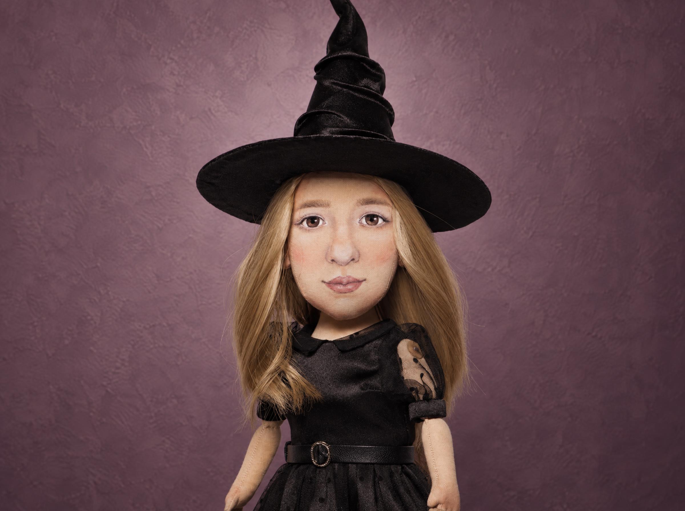 Portrait Doll From a Photo, Little Witch Portrait doll from a photo, handmade to order: painted face, blonde hair, sheer dotted sleeve and black velvet hat