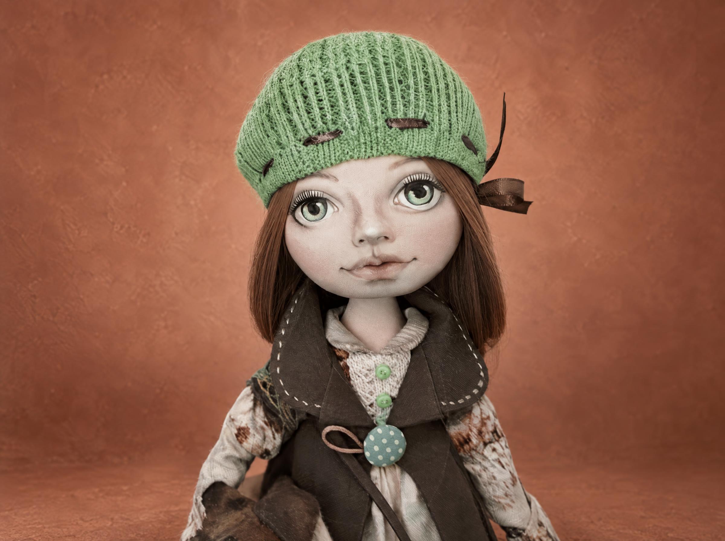 Custom portrait doll made to order from a drawing, girl with brown hair in a green knitted hat