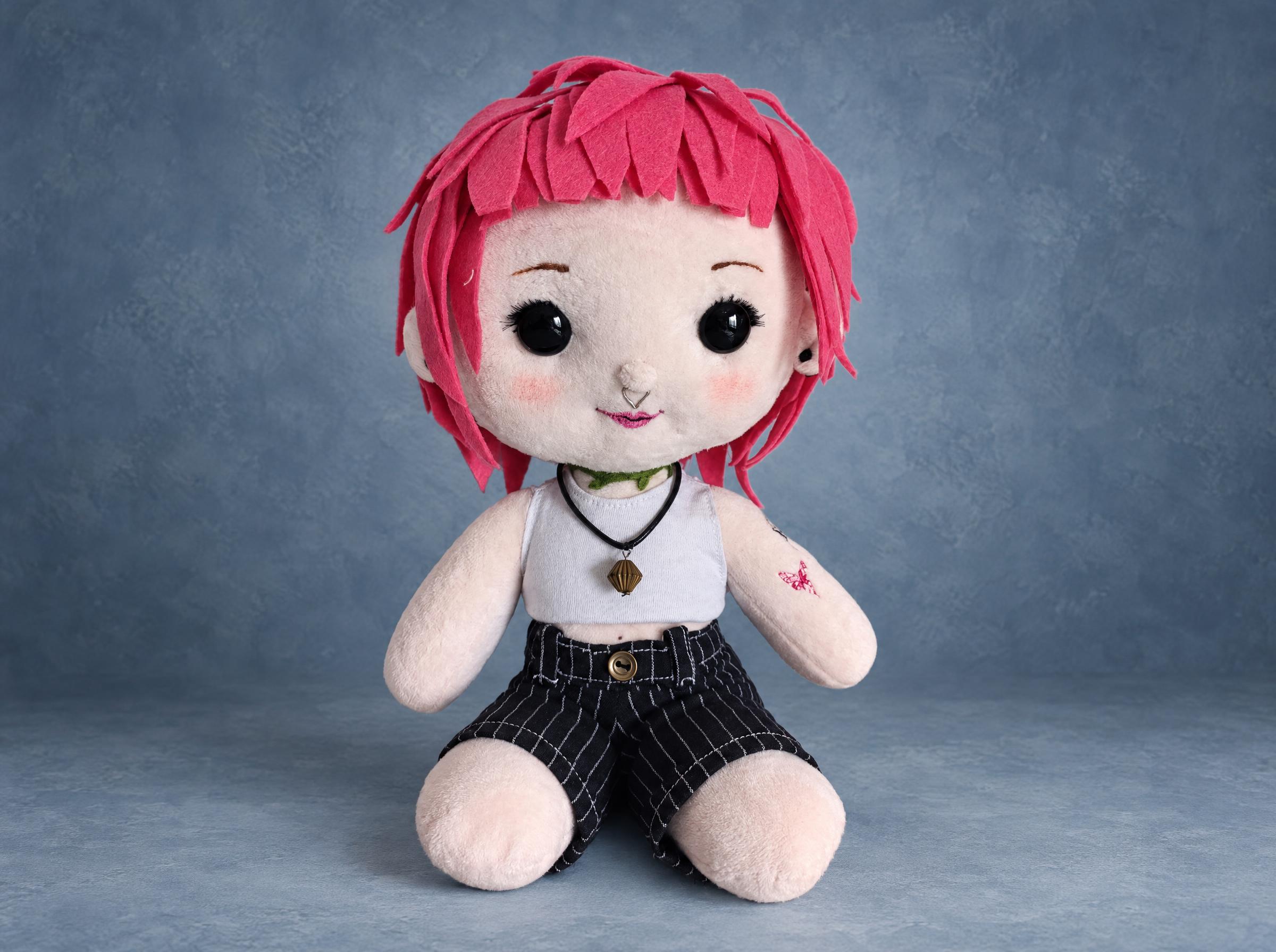 Custom portrait doll with pink felt wig, made to order Custom portrait doll made to order with a pink felt wig, nose ring, vine choker and pinstriped shorts