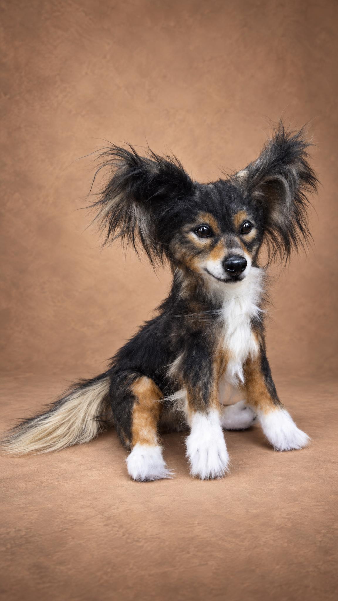Sitting realistic stuffed dog with a feathered tail, a handmade copy of a customer's pet