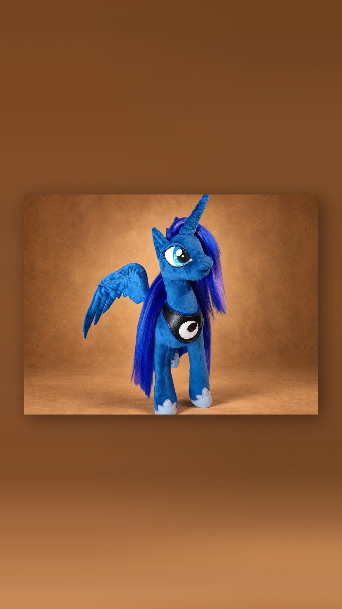 My Little Pony Princess Luna plush, a custom winged unicorn with a moon bib and cloud-edged hoof cuffs