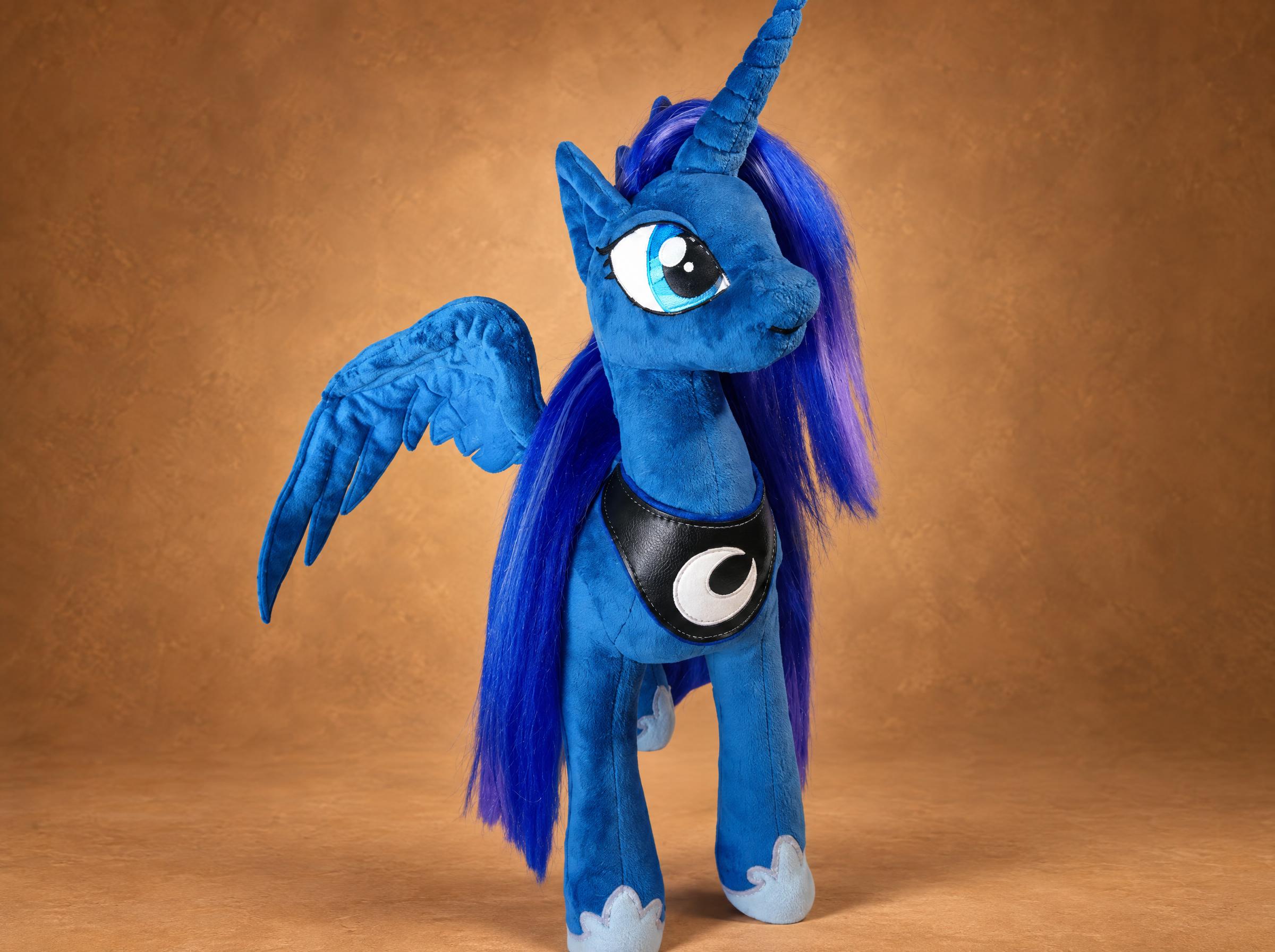 Princess Luna plush made to order: a handmade dark blue winged unicorn with a long violet-streaked mane