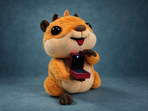 Proposal plush hamster from a messenger sticker, handmade to order, holding an open red ring box with a light